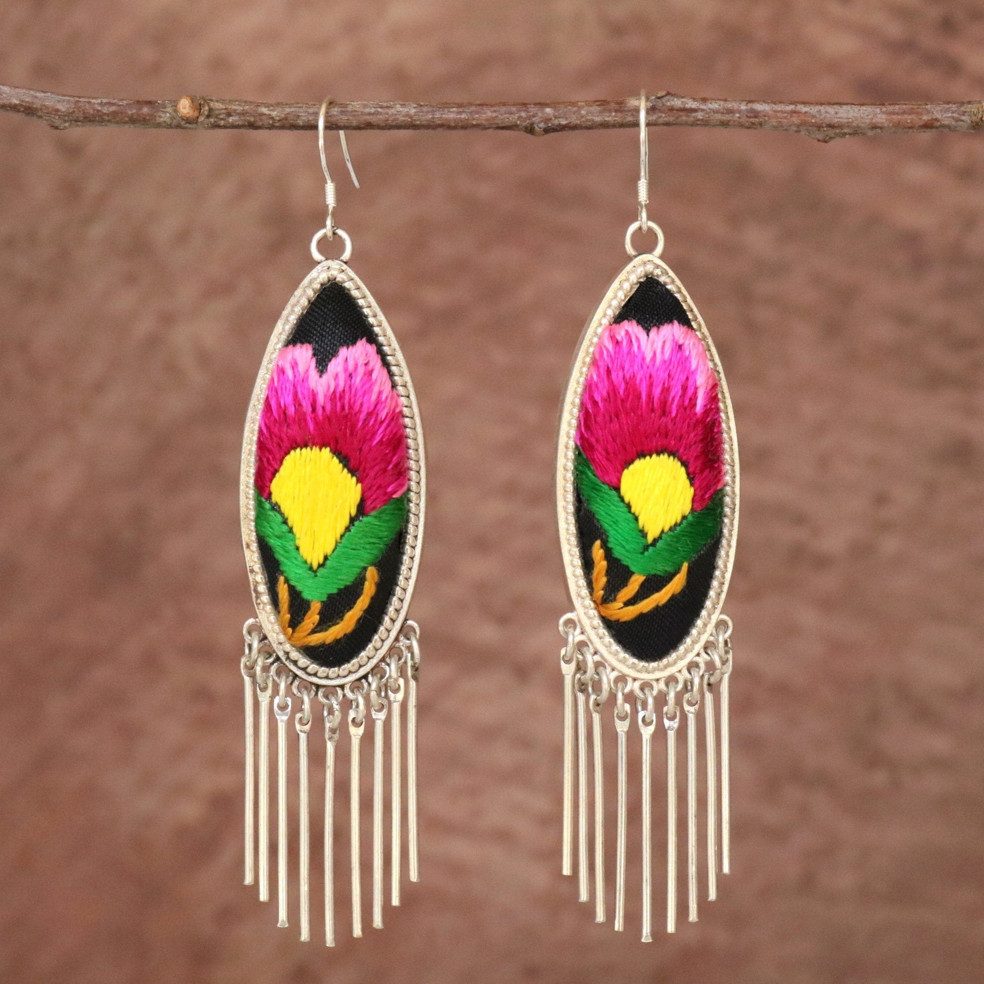Harmony Ovals Hand Embroidered Tassel Earrings