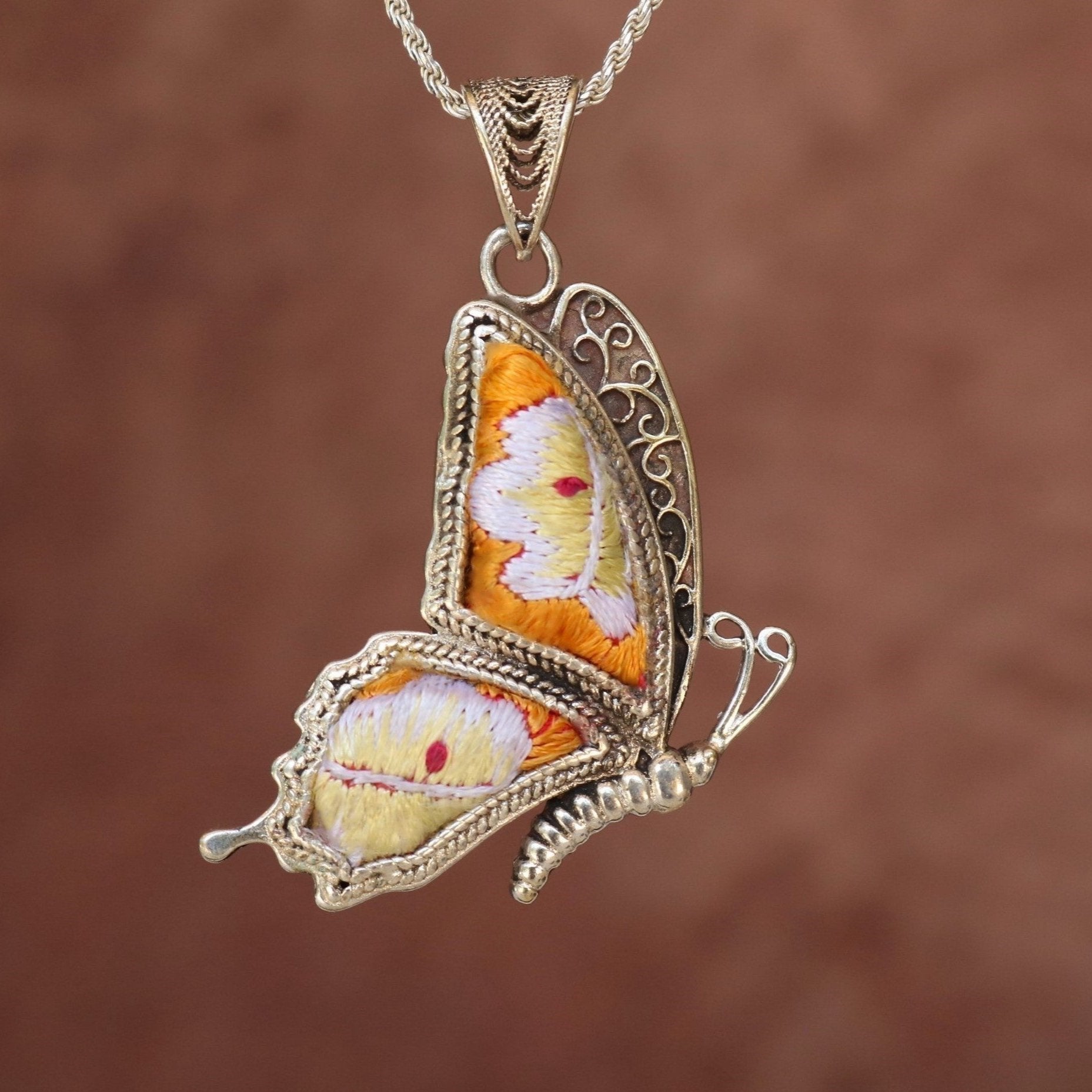 Cocoon of Comfort Butterfly Hand Embroidered Necklace