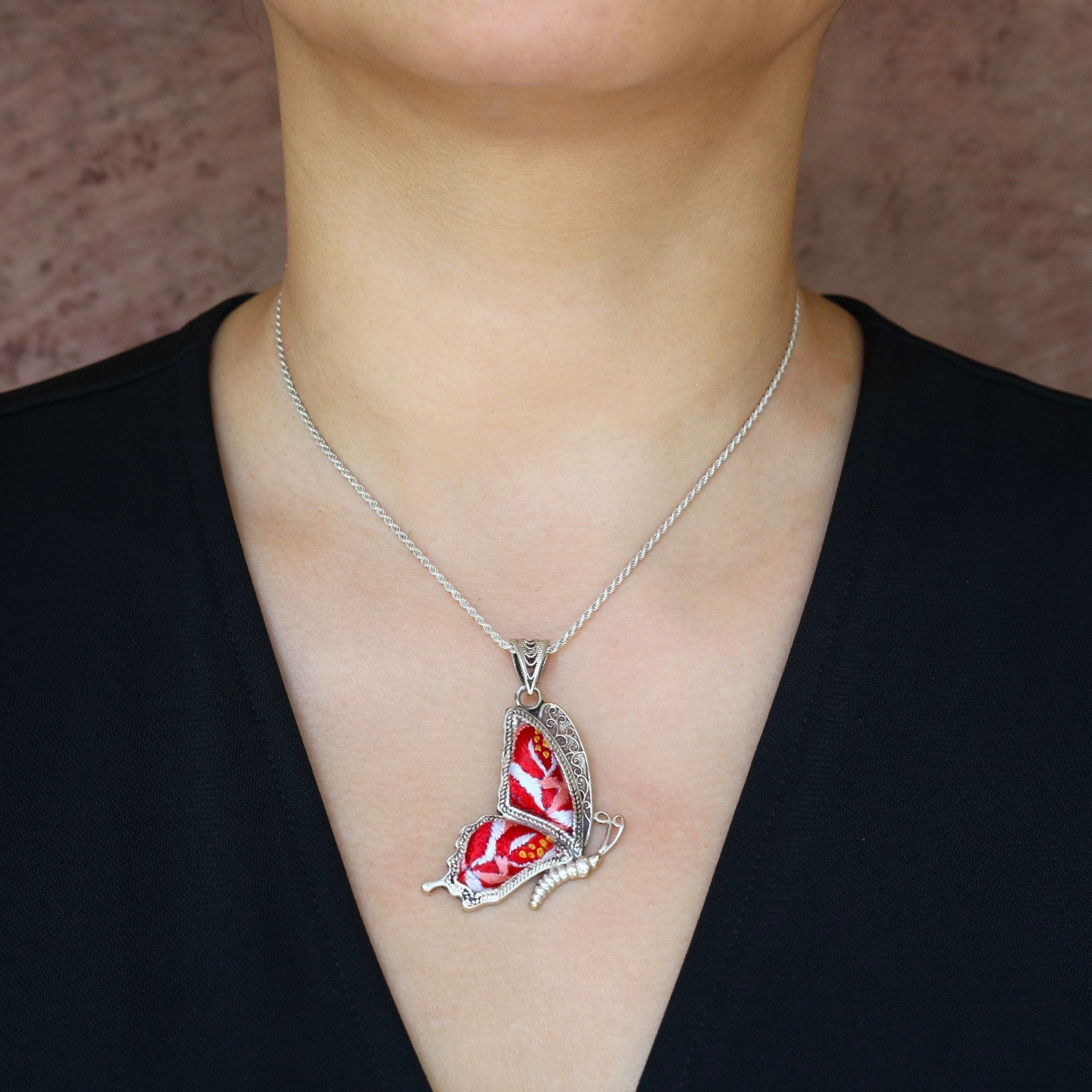 Cocoon of Comfort Butterfly Hand Embroidered Necklace