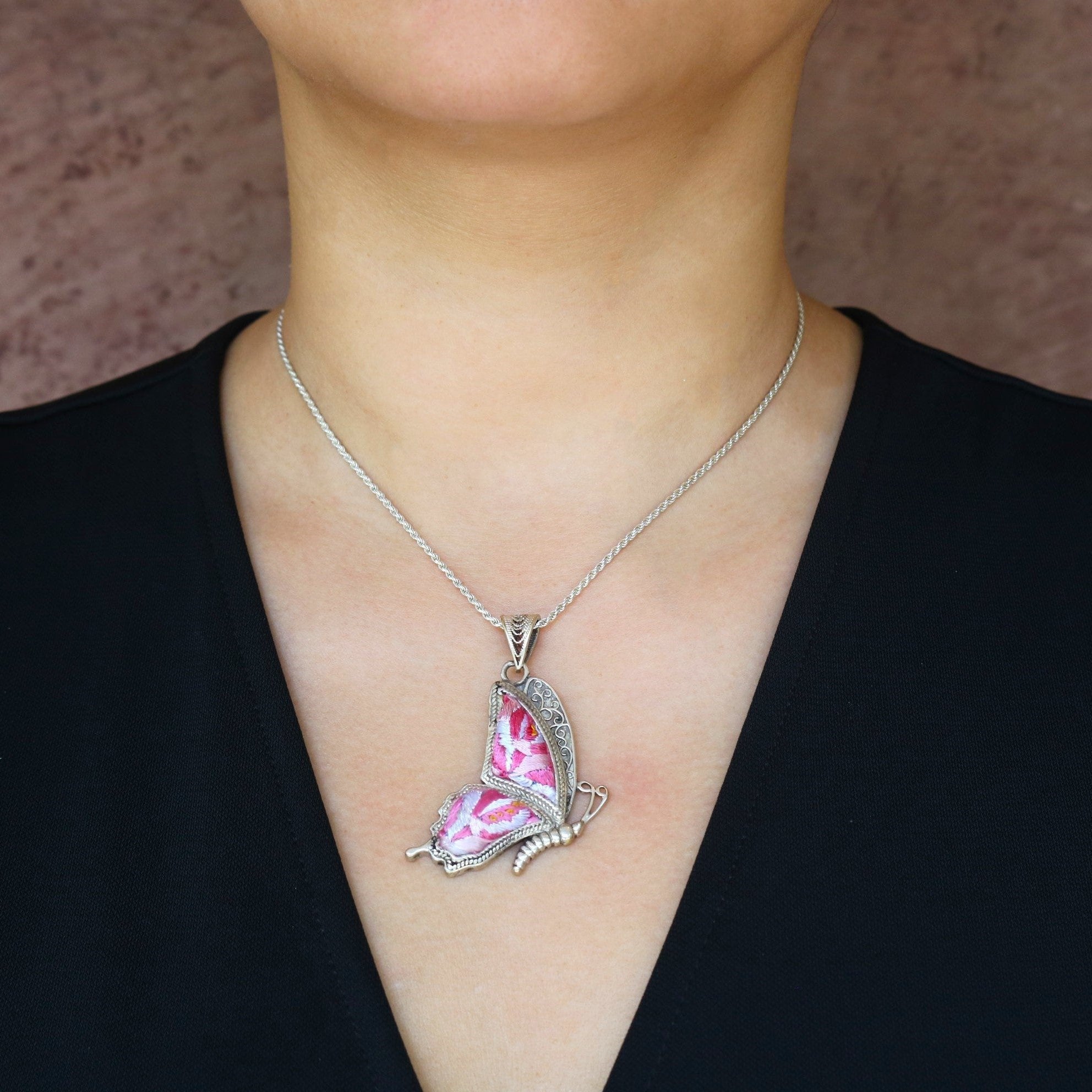 Cocoon of Comfort Butterfly Hand Embroidered Necklace