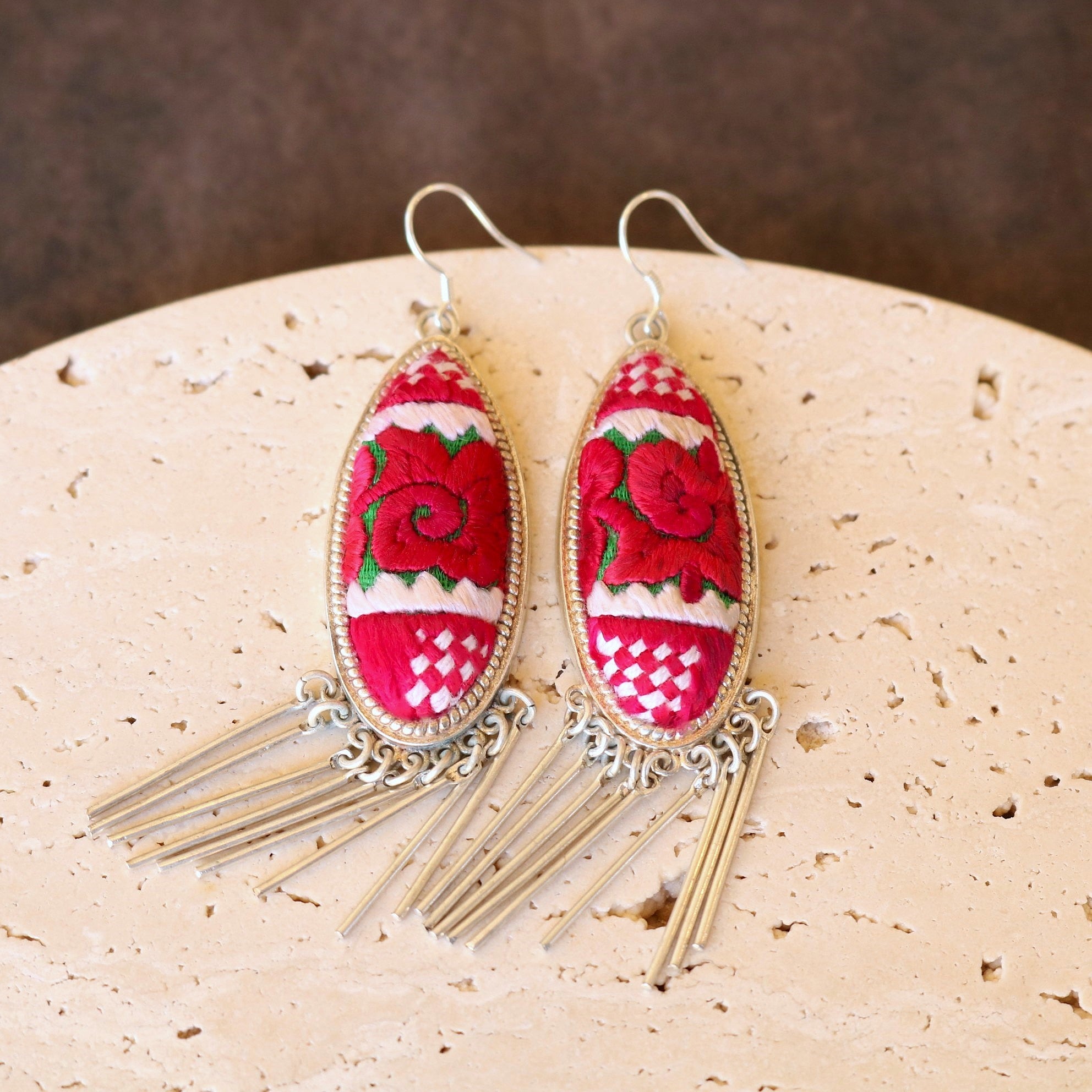 Harmony Ovals Hand Embroidered Tassel Earrings