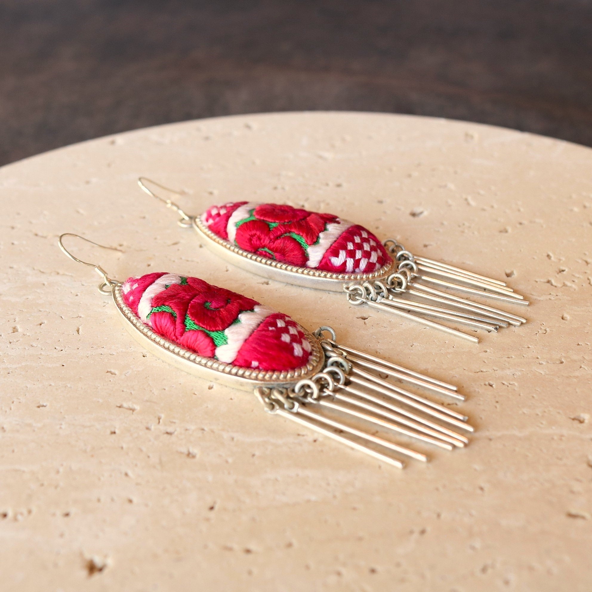 Harmony Ovals Hand Embroidered Tassel Earrings