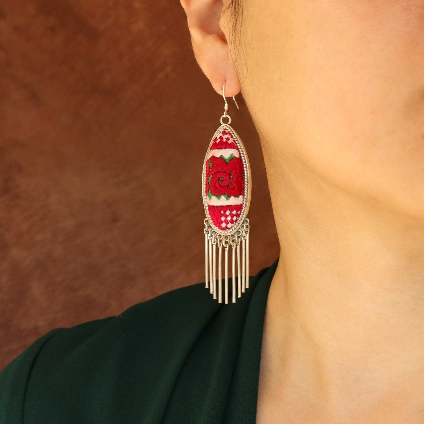 Harmony Ovals Hand Embroidered Tassel Earrings