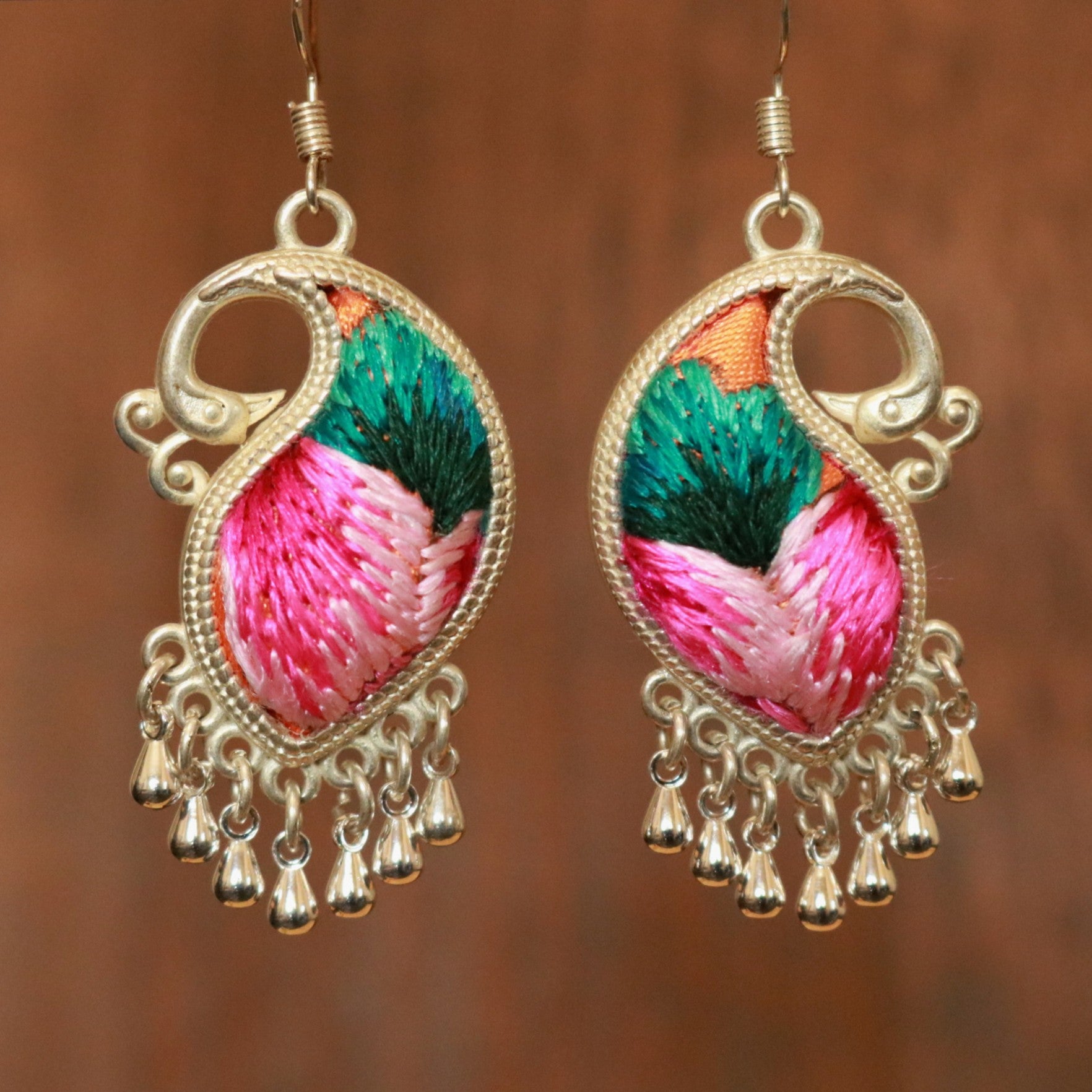 Peacock's Melodies Embroidered Teardrop Earrings