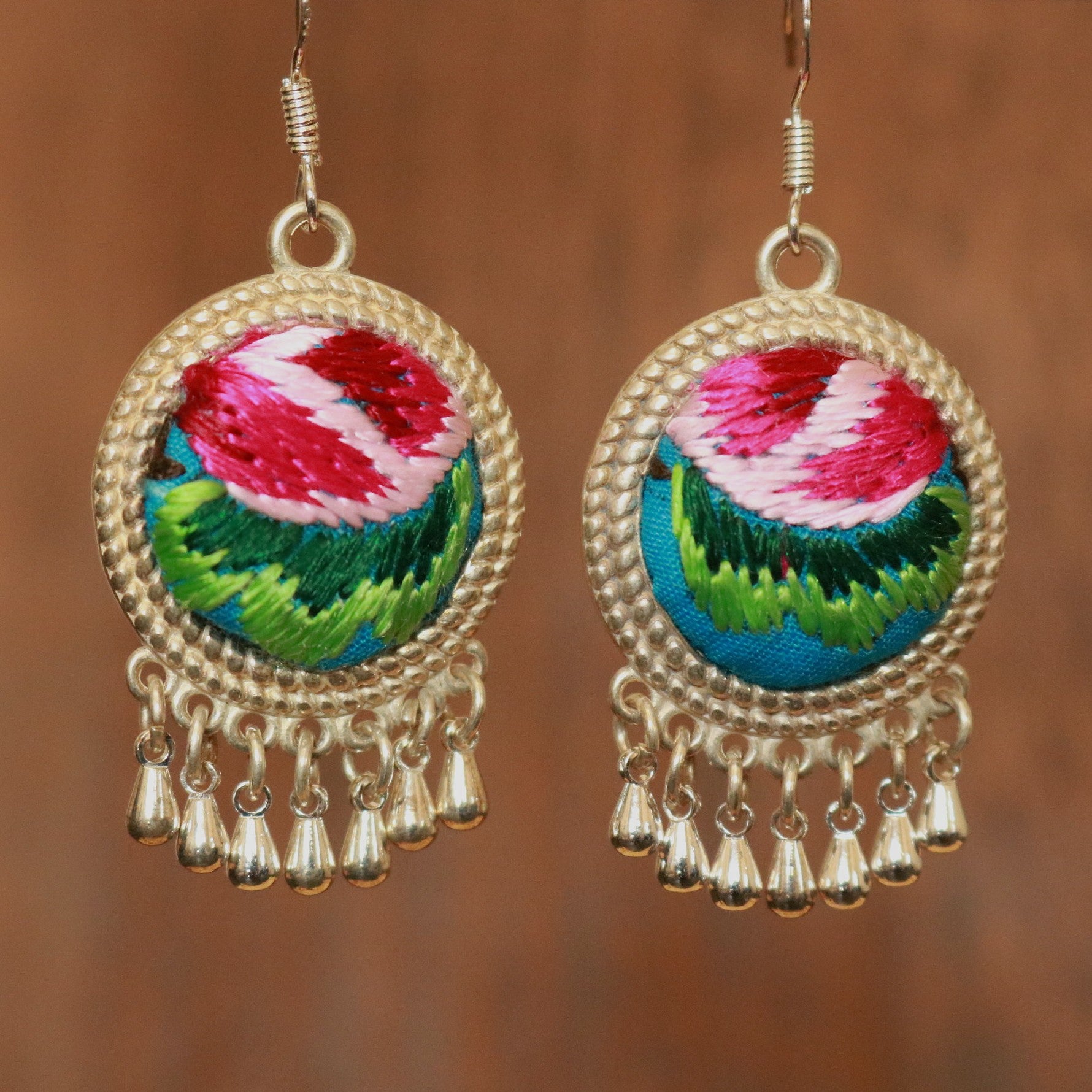 Circles of Joy Hand Embroidered Teardrop Earrings