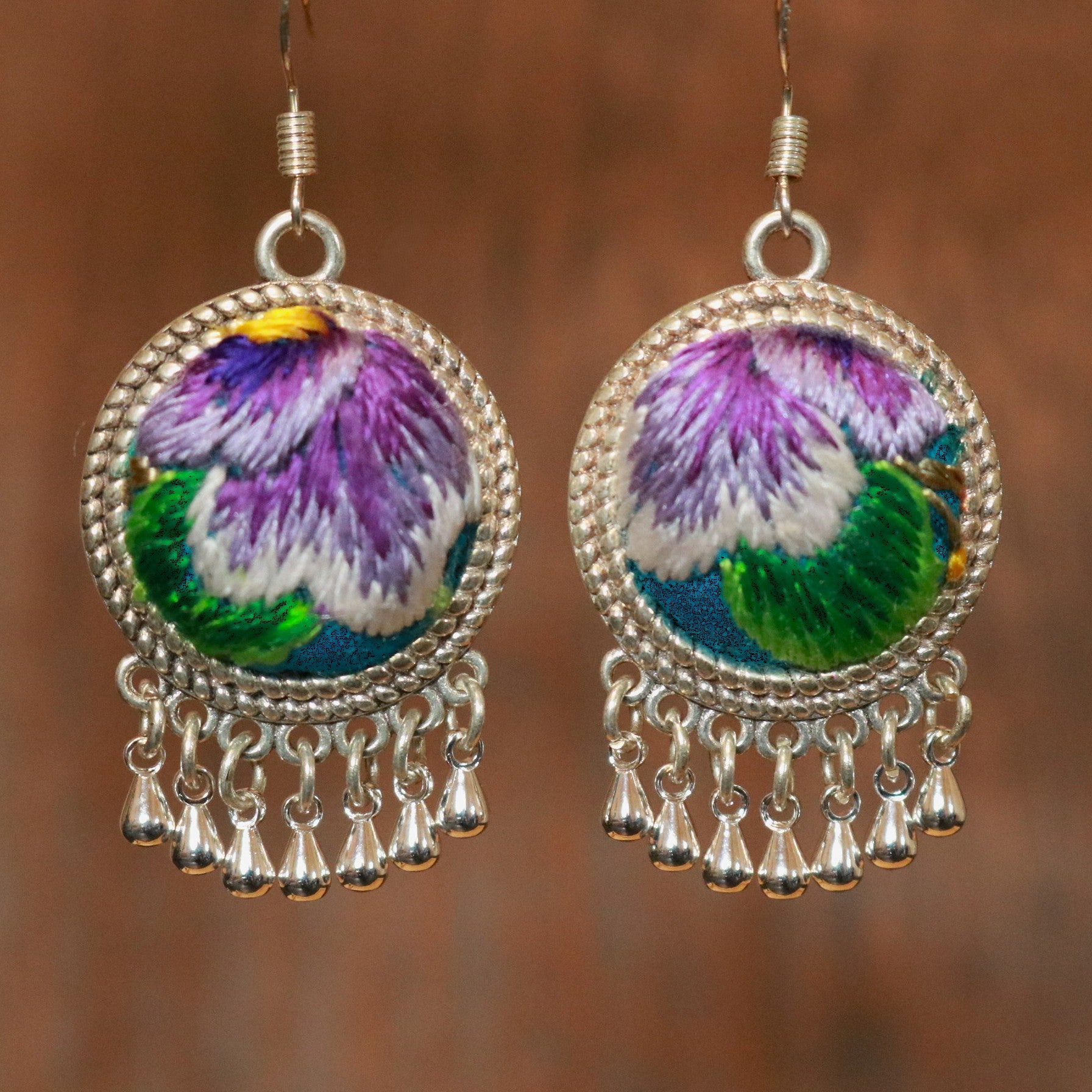 Circles of Joy Hand Embroidered Teardrop Earrings
