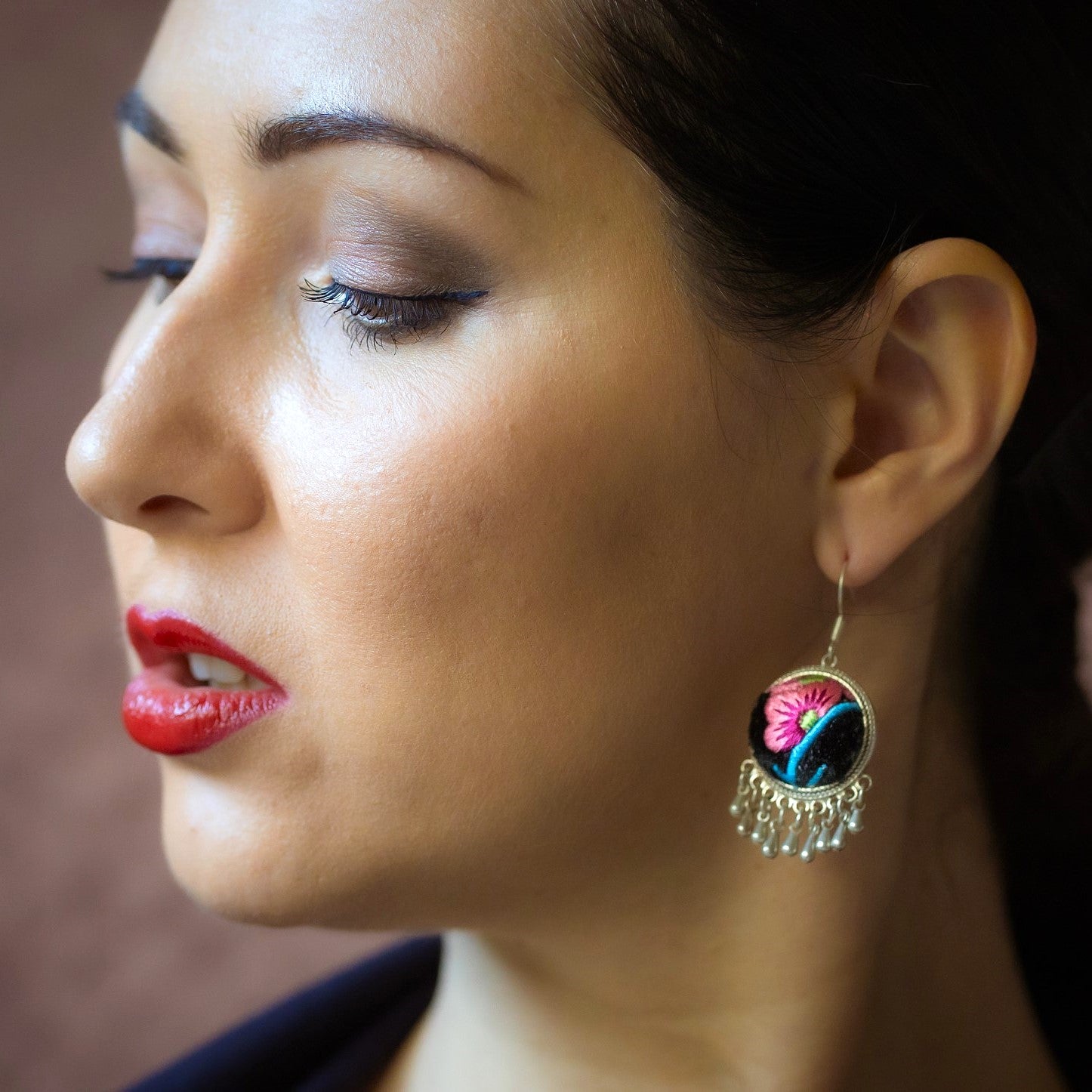 Circles of Joy Hand Embroidered Teardrop Earrings