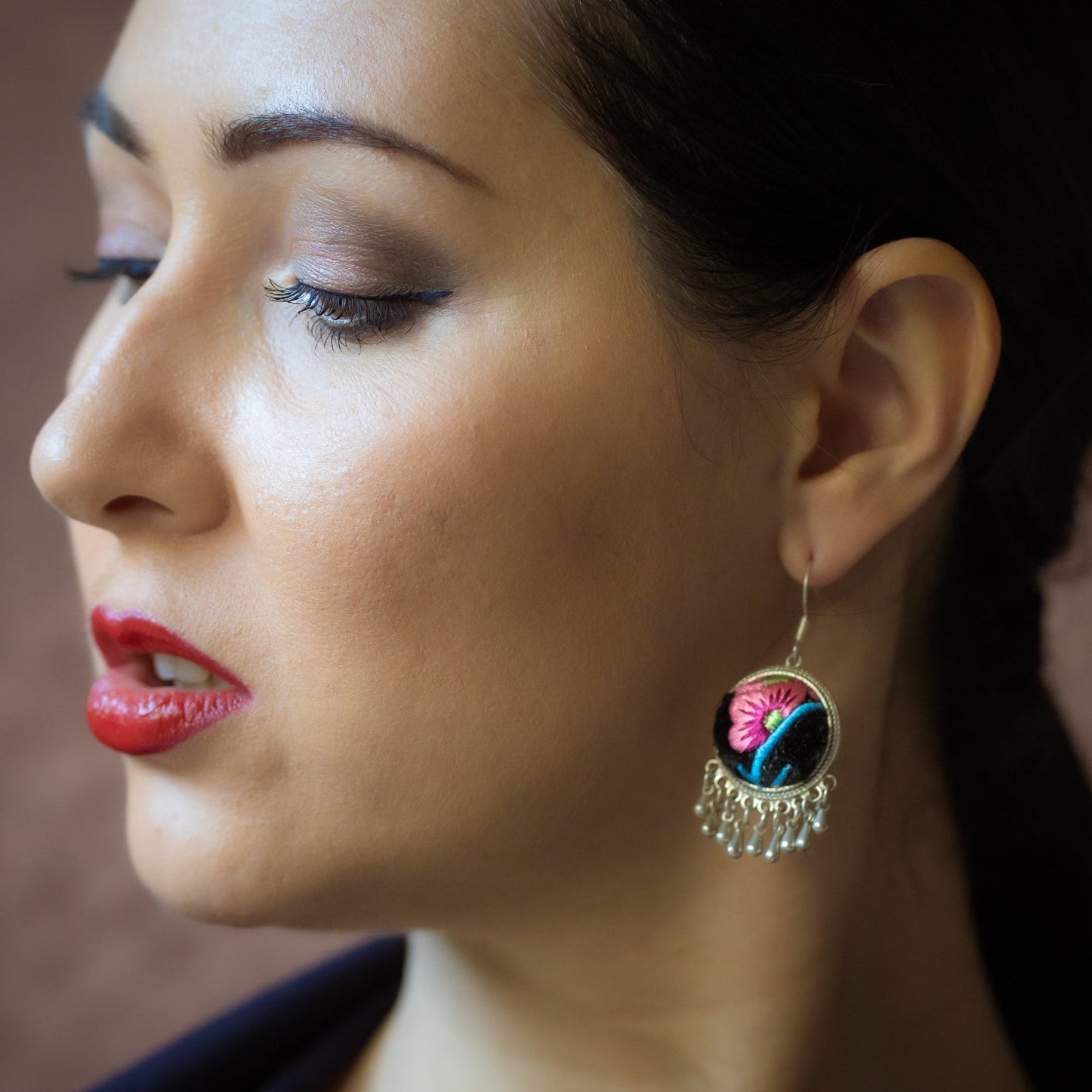 Circles of Joy Hand Embroidered Teardrop Earrings