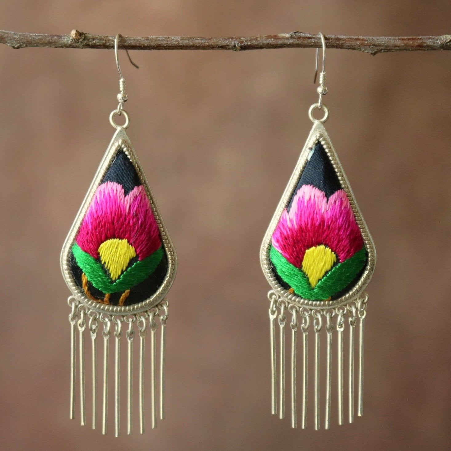 Raindrops Tassel Embroidered Earrings - Large