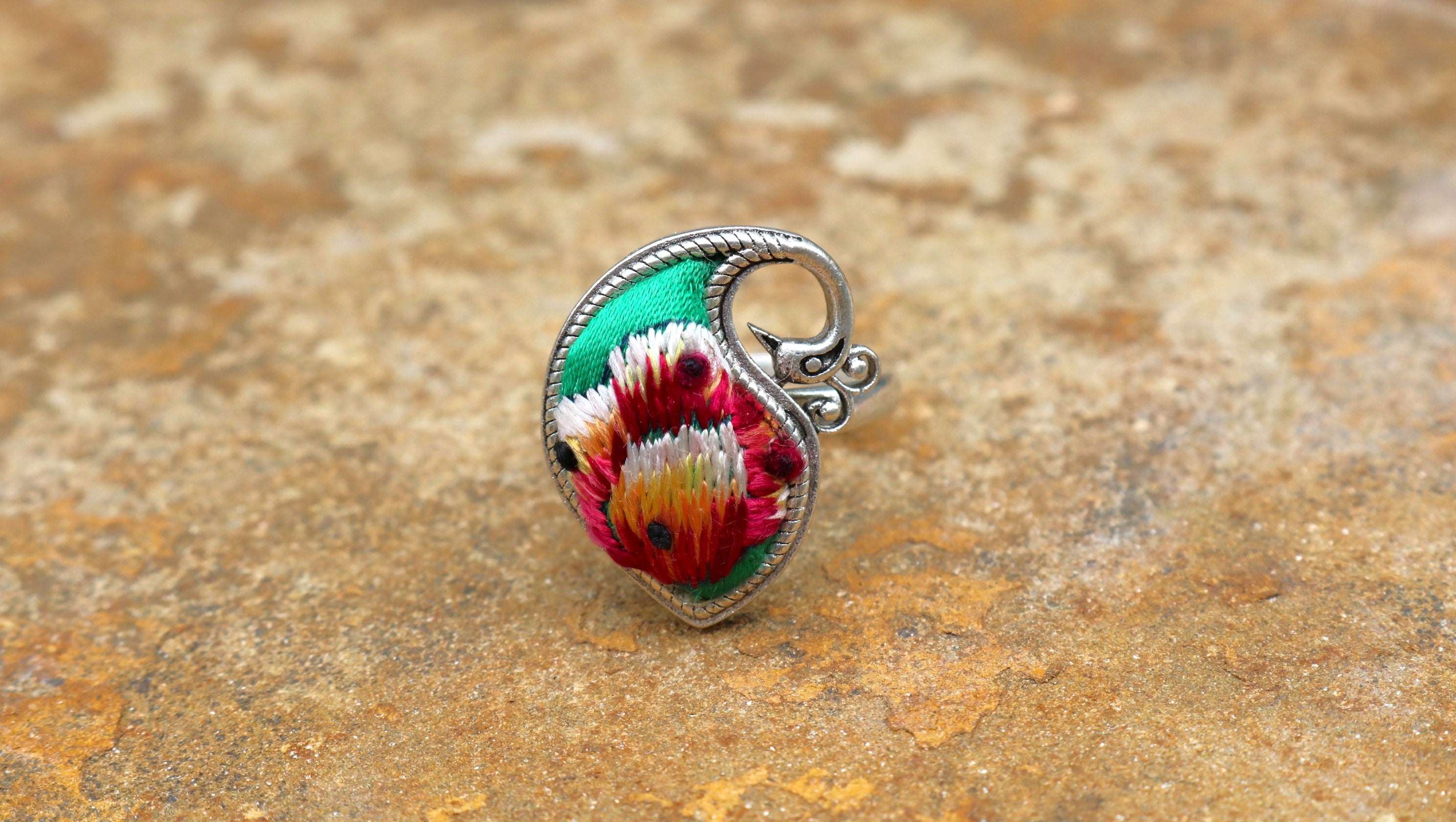 Peacock's Melodies Adjustable Embroidered Ring