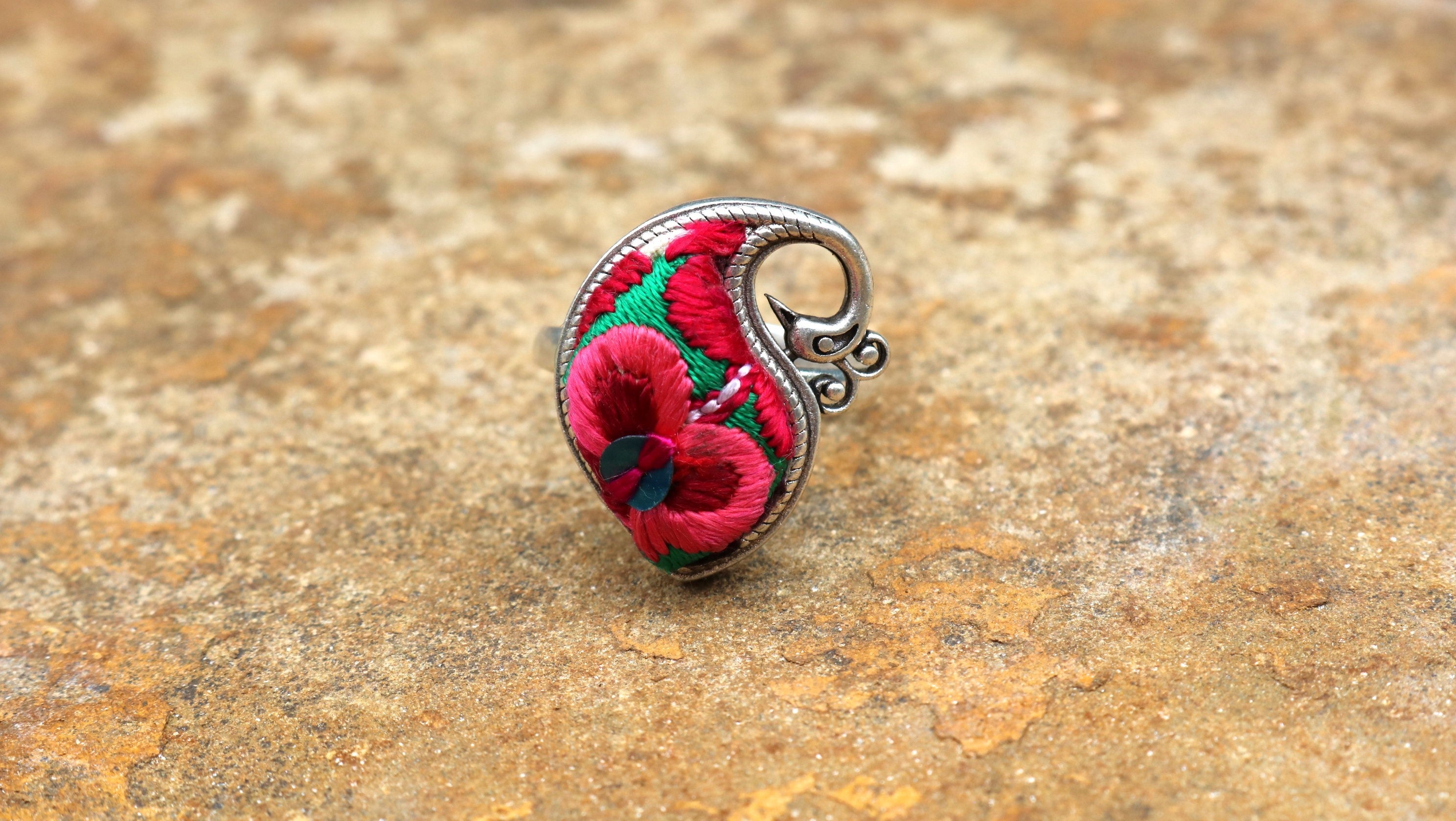 Peacock's Melodies Adjustable Embroidered Ring