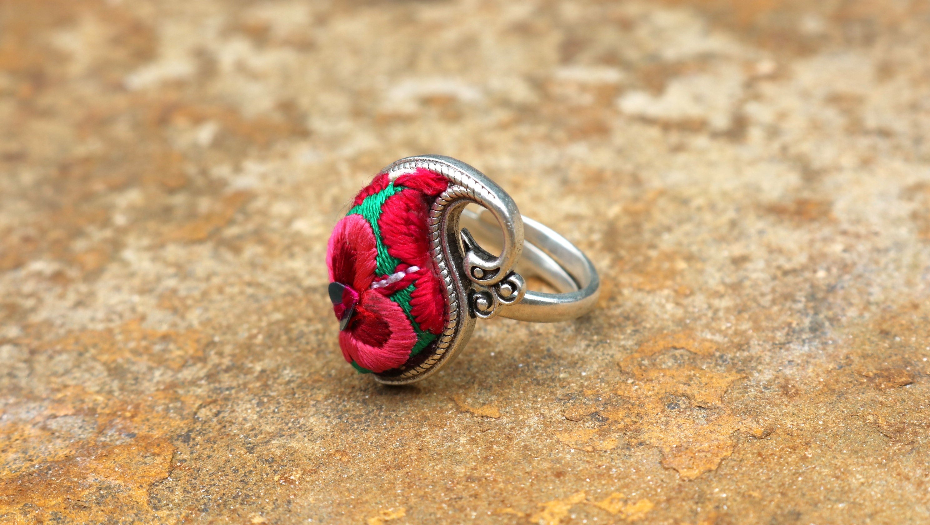 Peacock's Melodies Adjustable Embroidered Ring