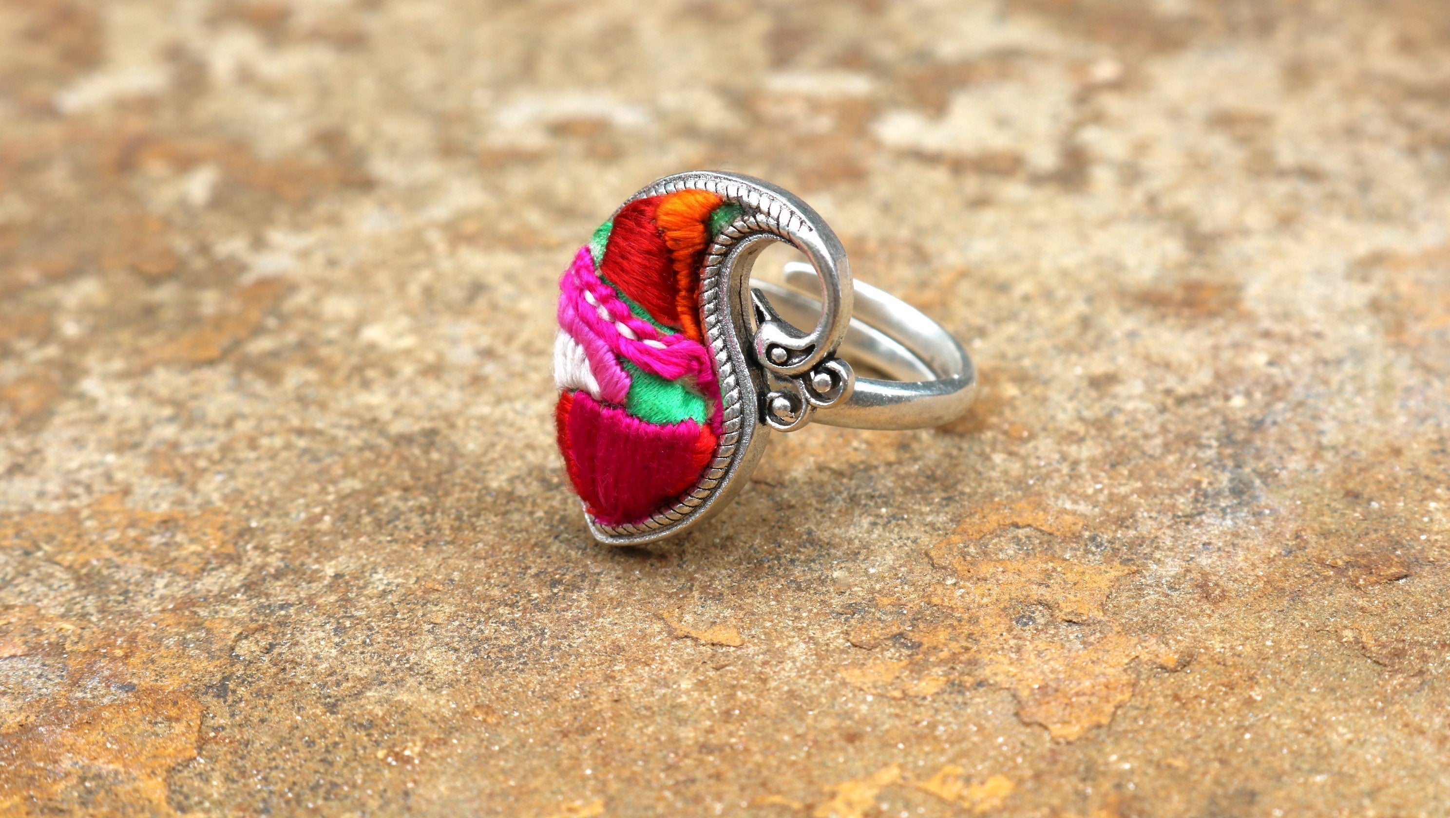 Peacock's Melodies Adjustable Embroidered Ring