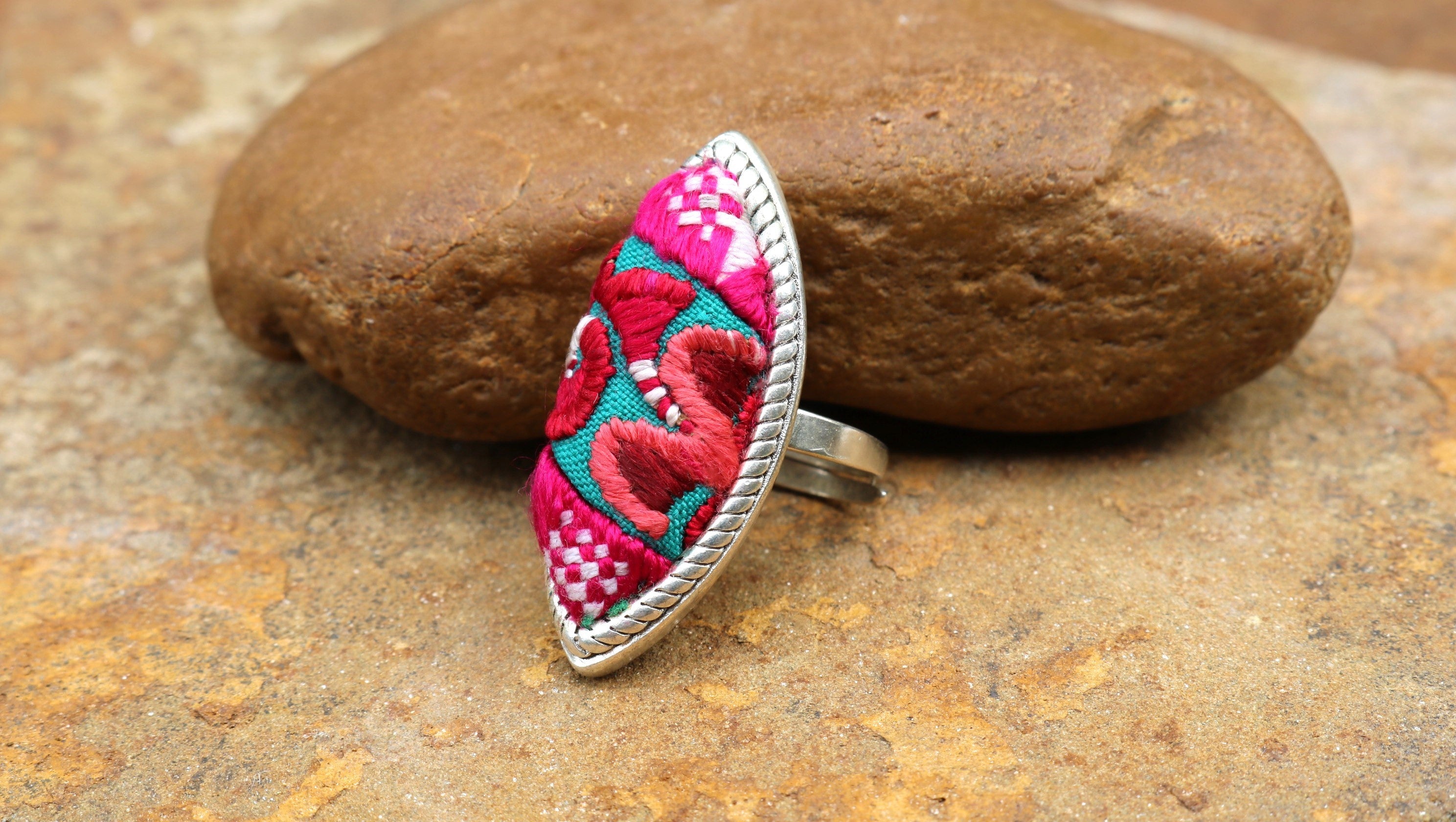 Fortune in a Finger Adjustable Embroidered Ring - Large