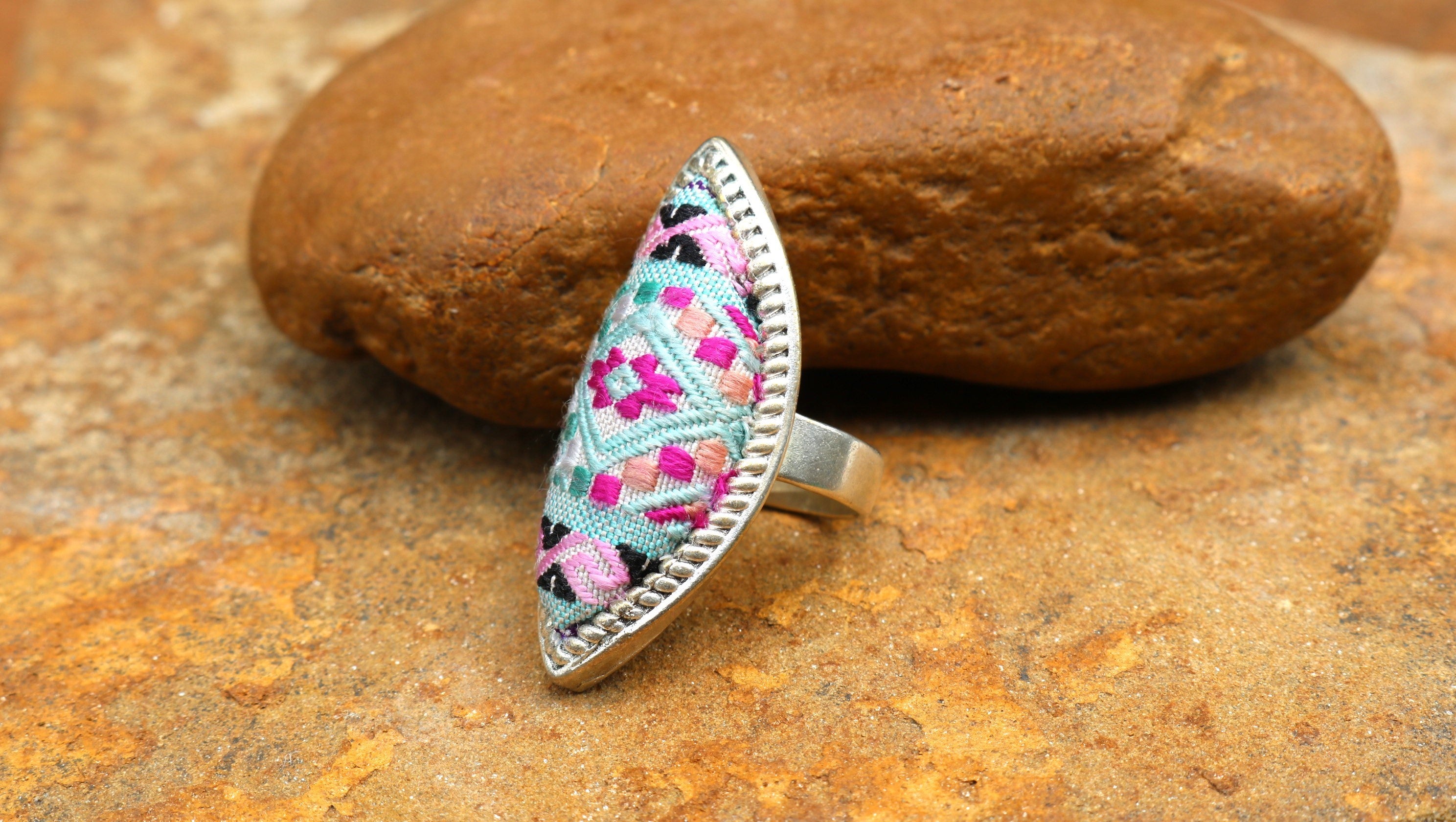 Fortune in a Finger Adjustable Embroidered Ring - Large