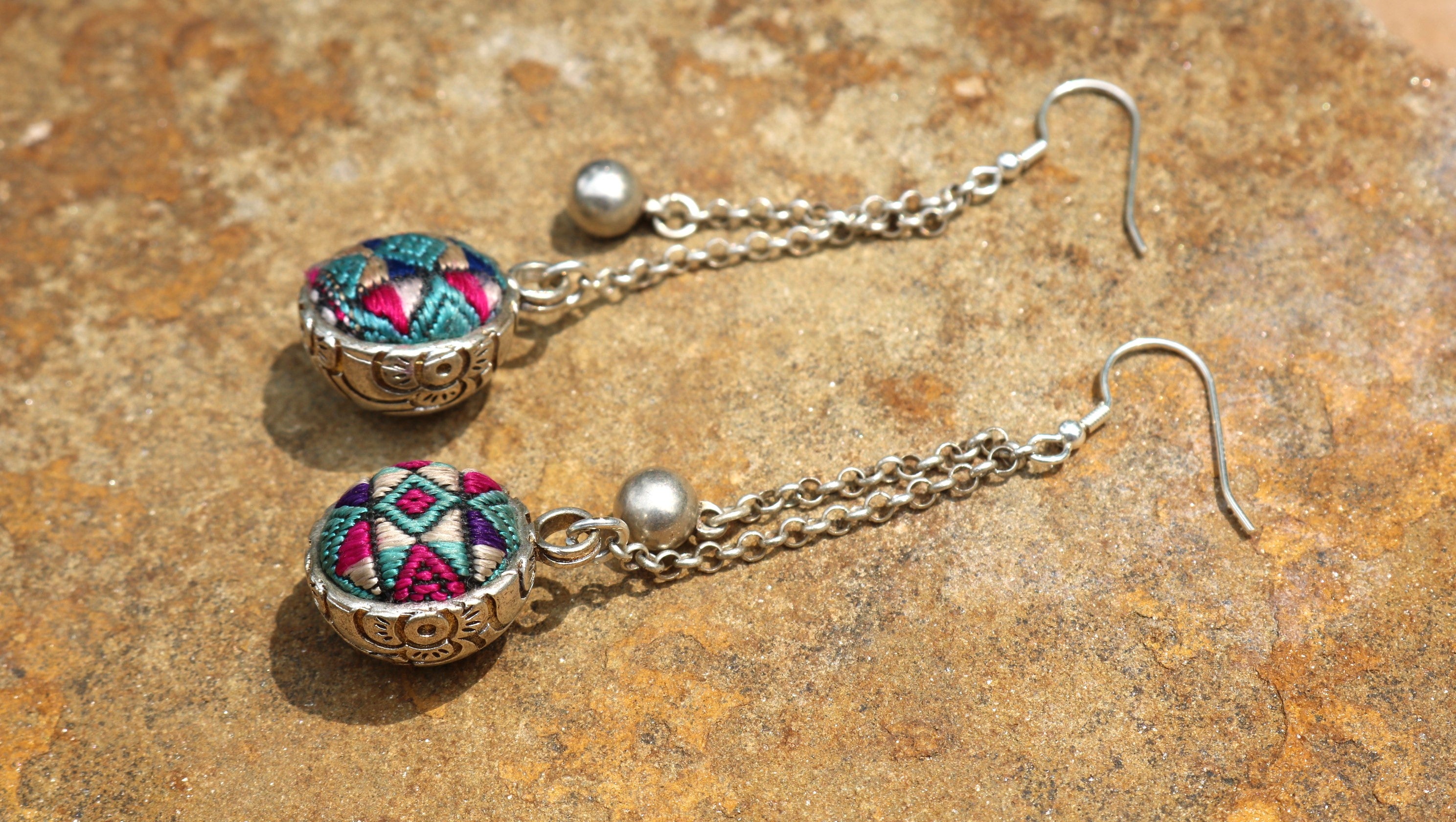 Serenity Circle Embroidered Dangling Ball Earrings