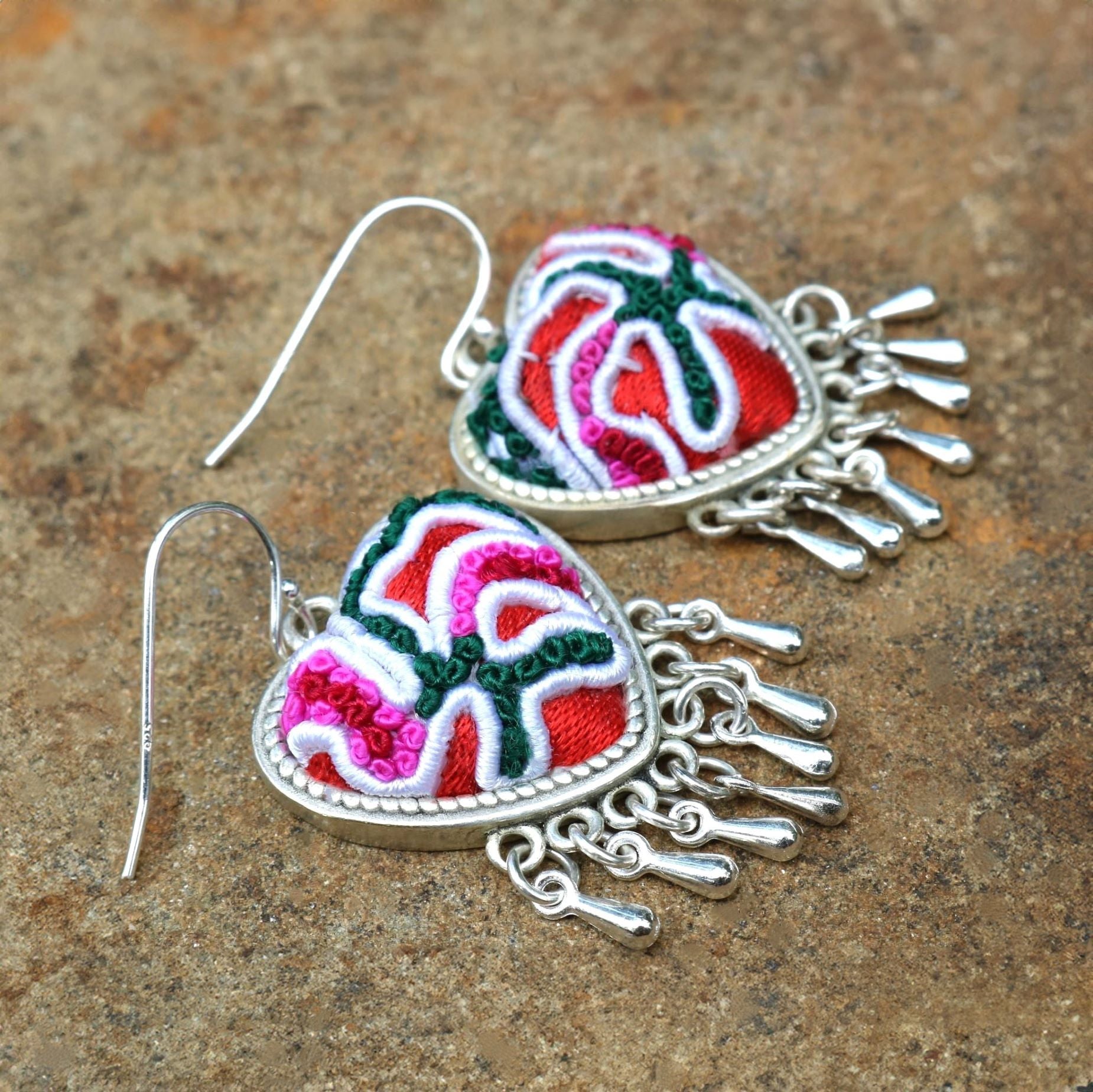 Heartbeats Hand Embroidered Teardrop Earrings