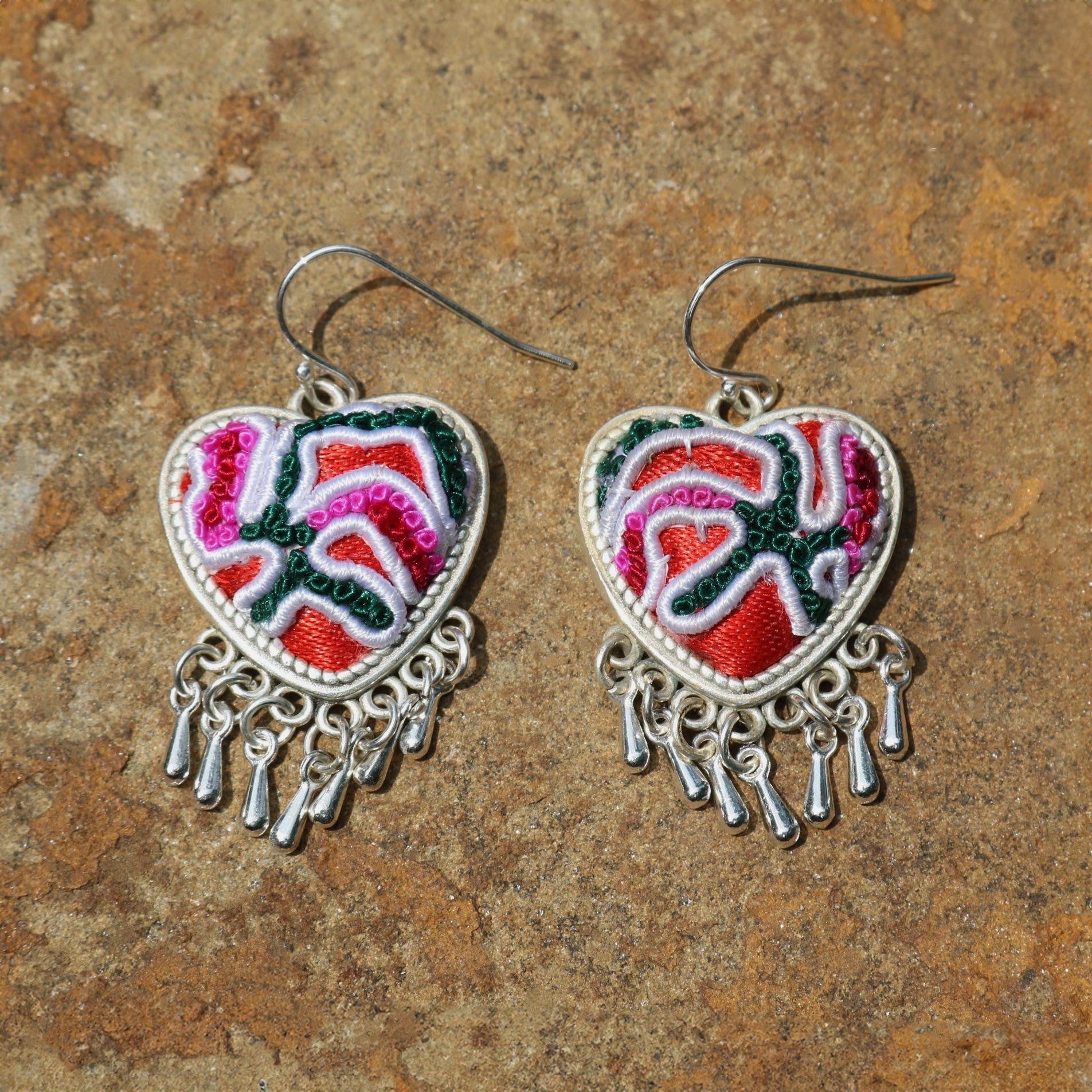 Heartbeats Hand Embroidered Teardrop Earrings