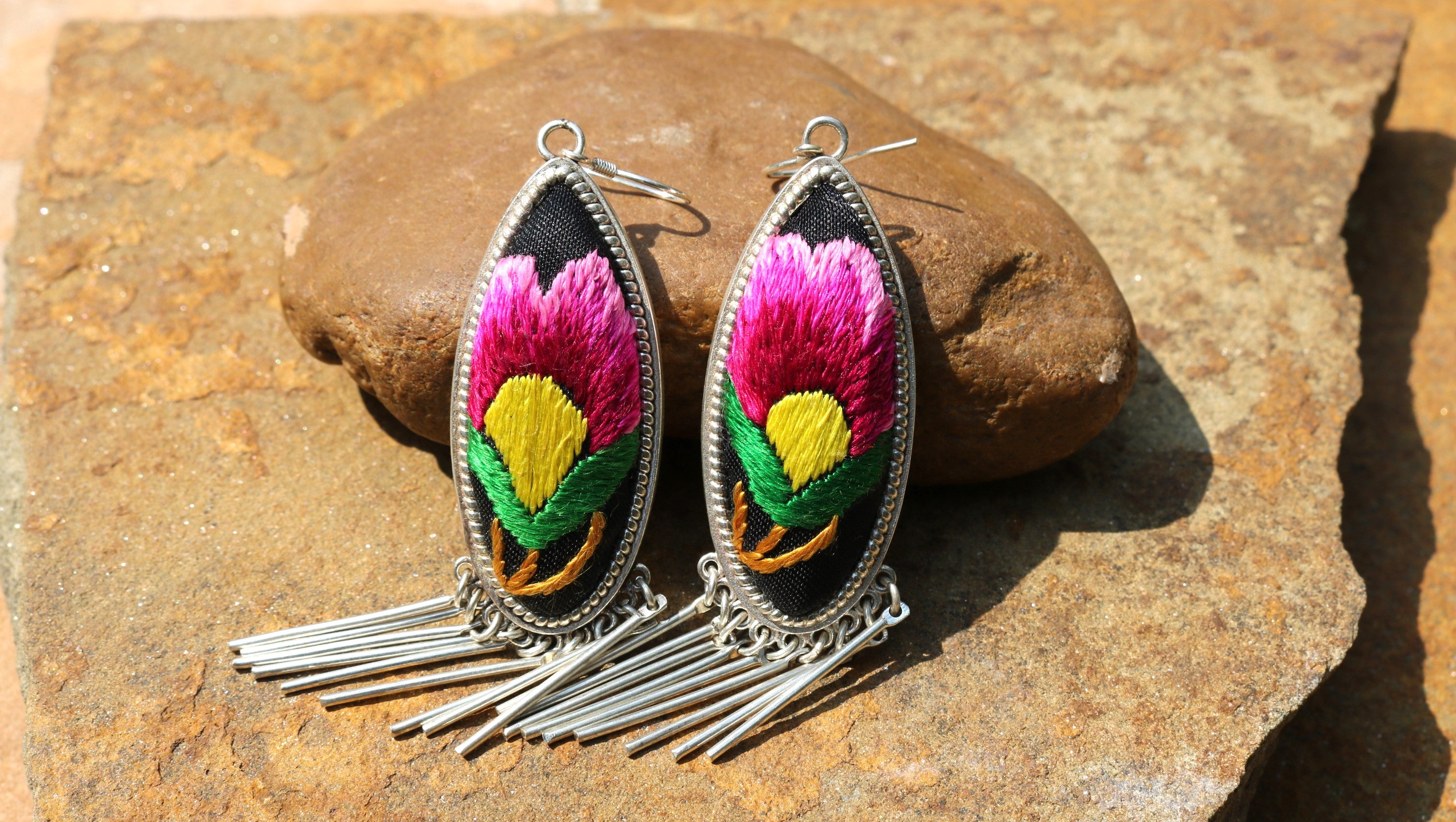 Harmony Ovals Embroidered Tassel Earrings - Large