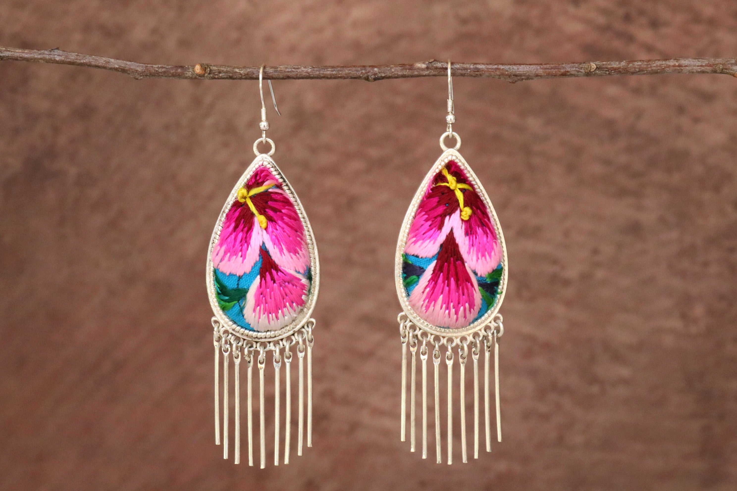 Raindrops Tassel Embroidered Earrings - Large