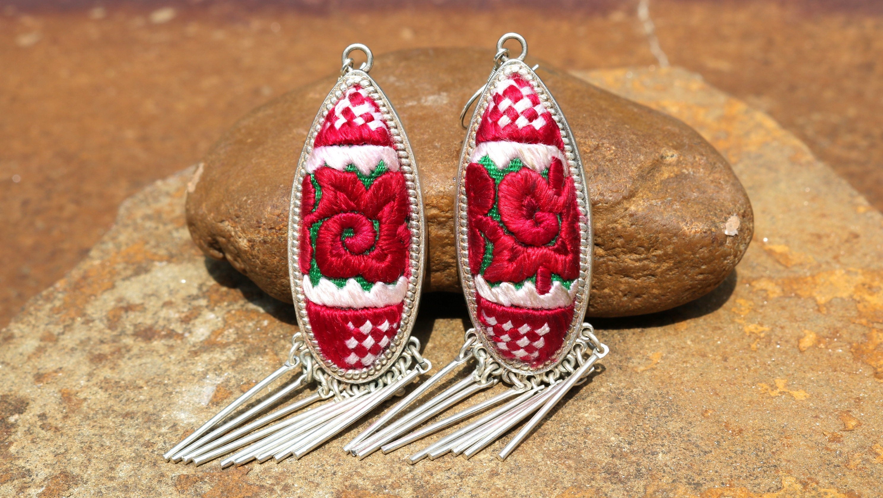 Harmony Ovals Embroidered Tassel Earrings - Large