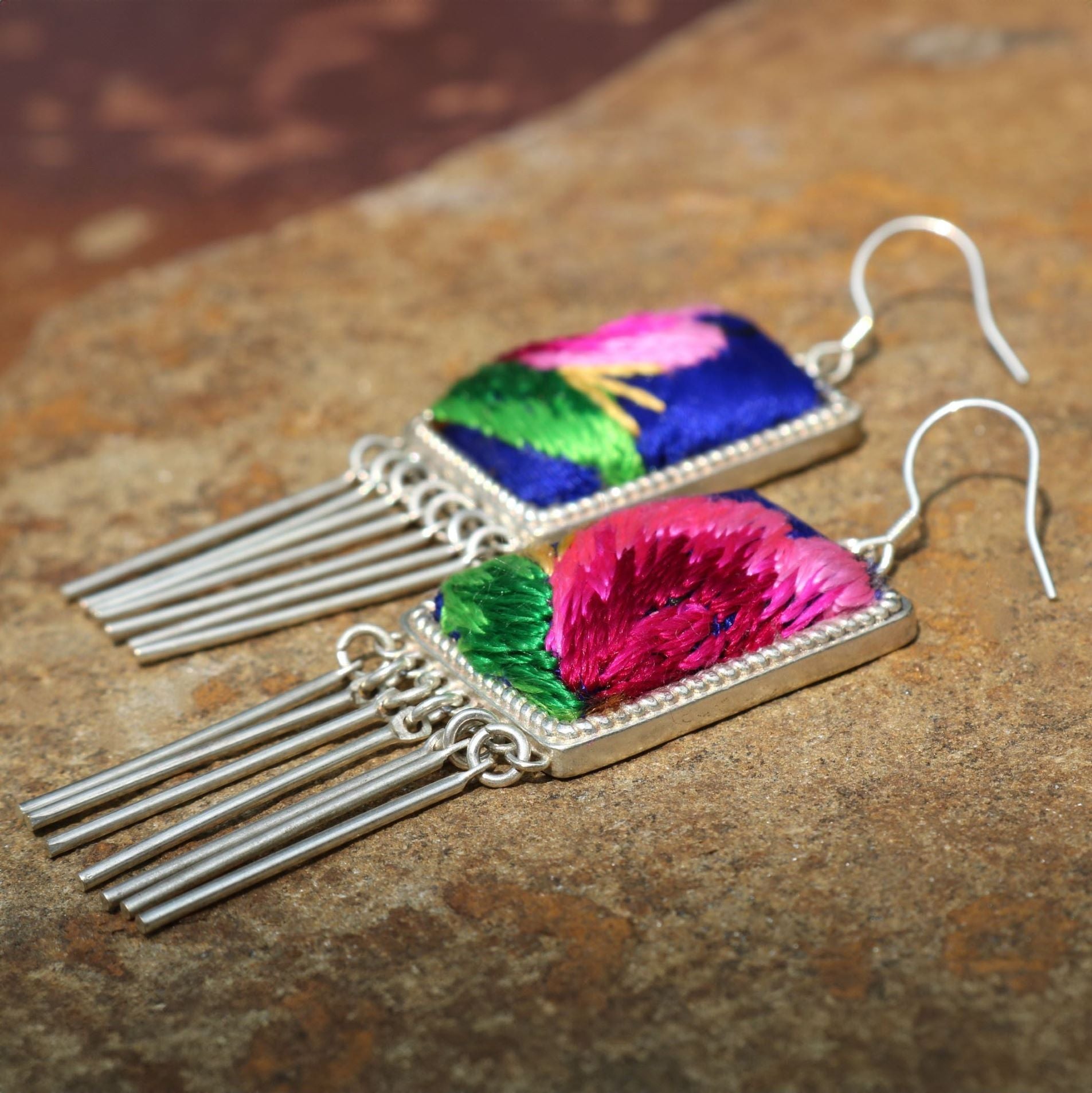 Radiance Rectangles Hand Embroidered Tassel Earrings