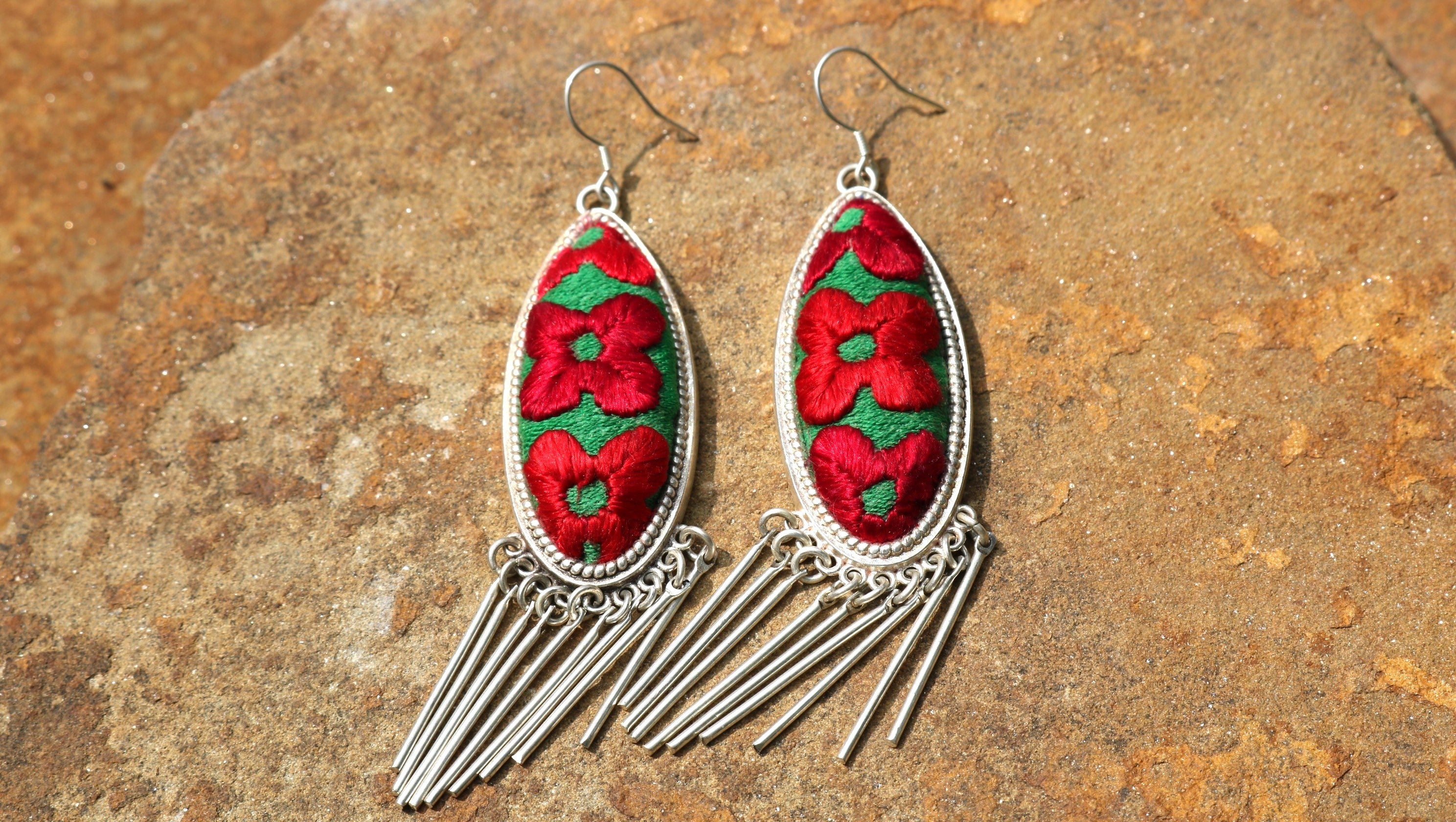 Harmony Ovals Embroidered Tassel Earrings - Large