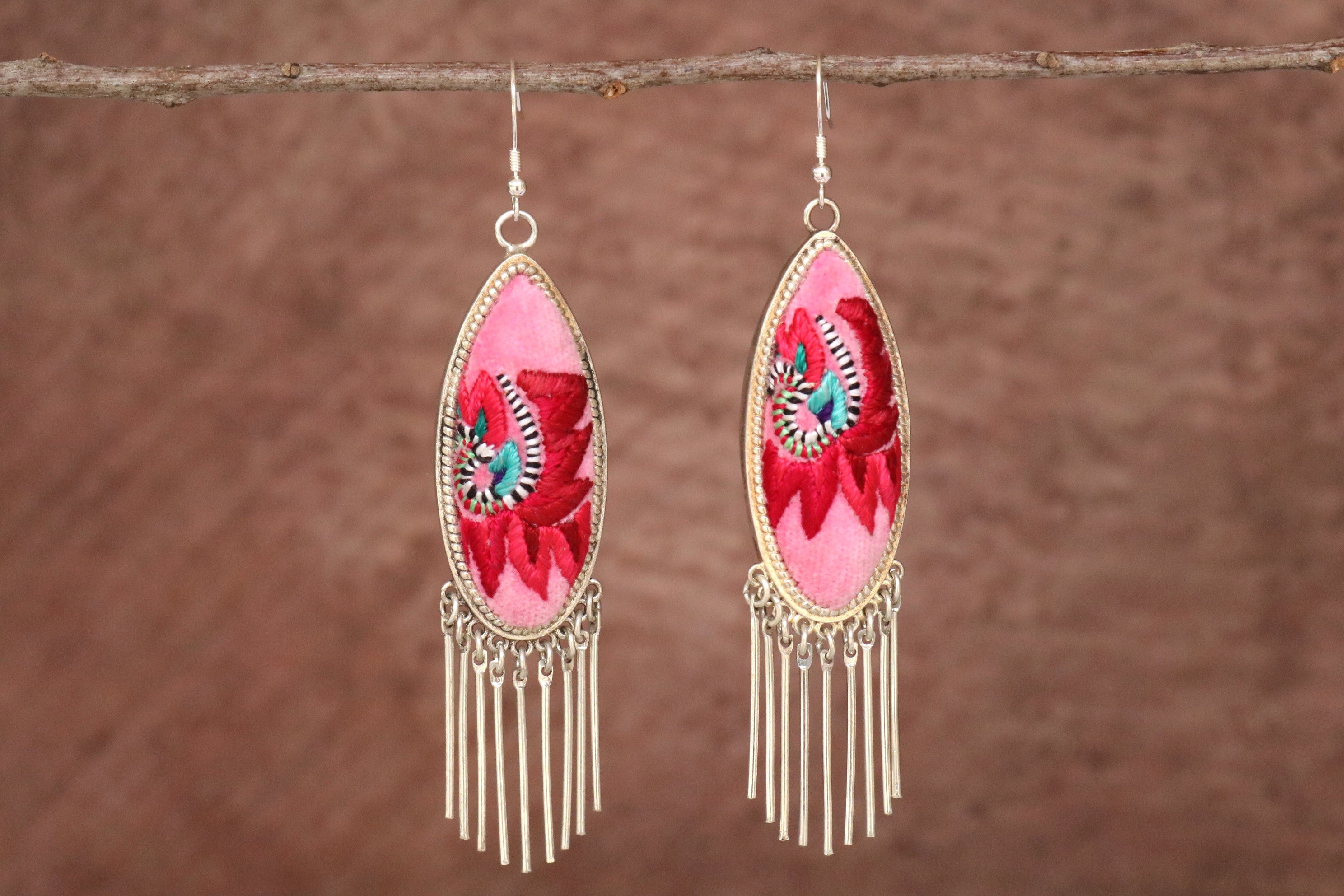 Harmony Ovals Embroidered Tassel Earrings - Large