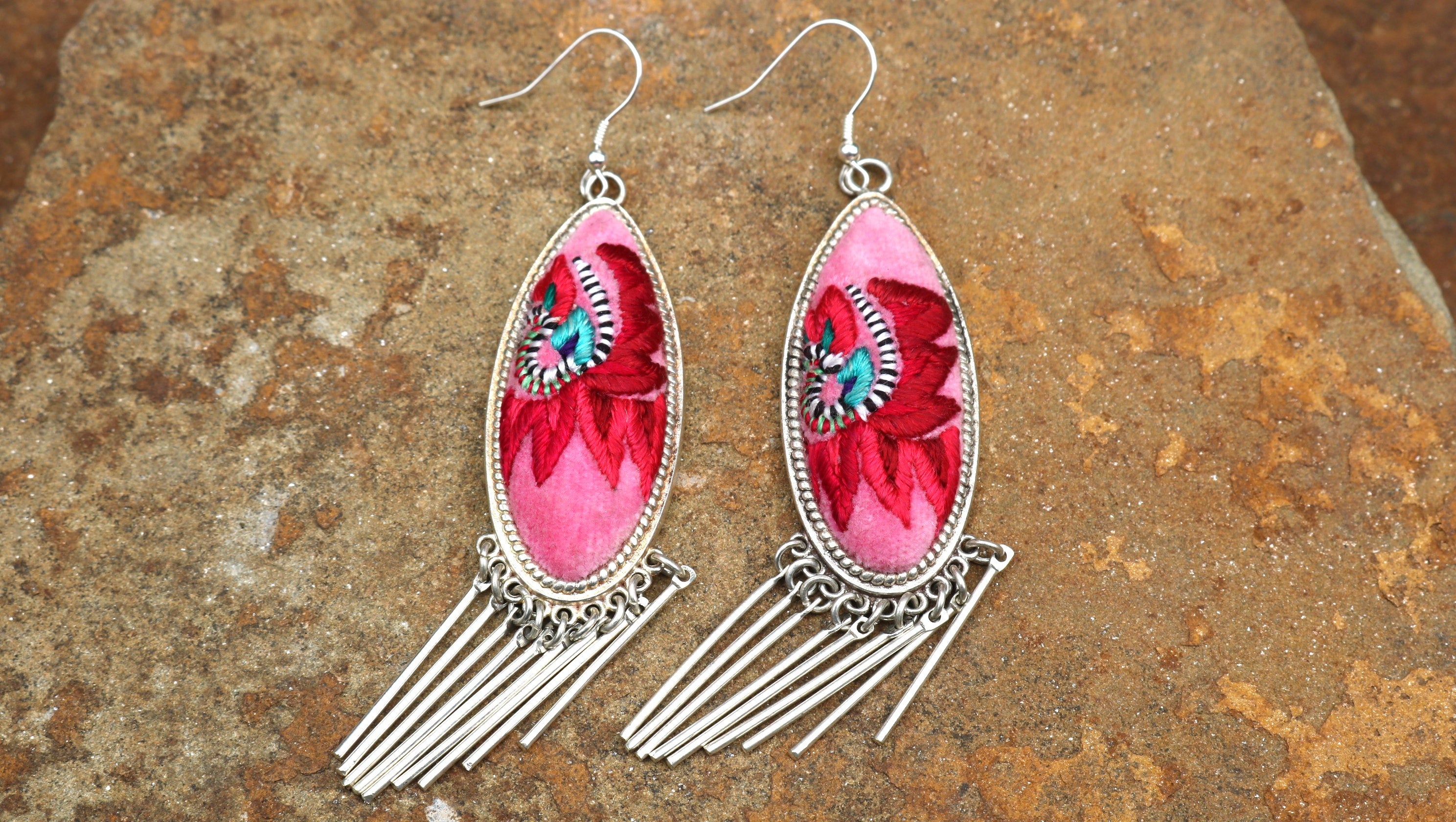 Harmony Ovals Embroidered Tassel Earrings - Large