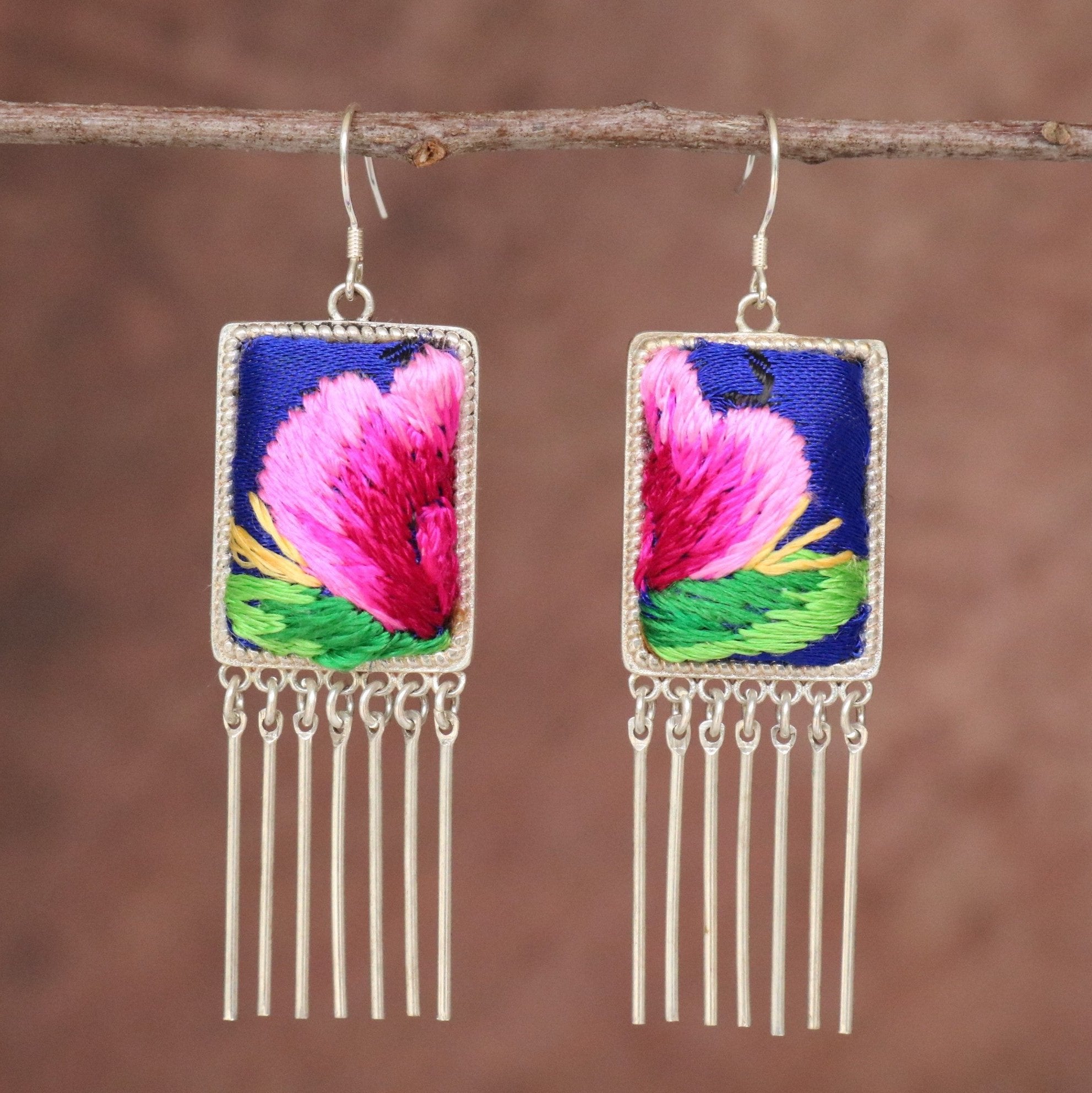 Radiance Rectangles Hand Embroidered Tassel Earrings