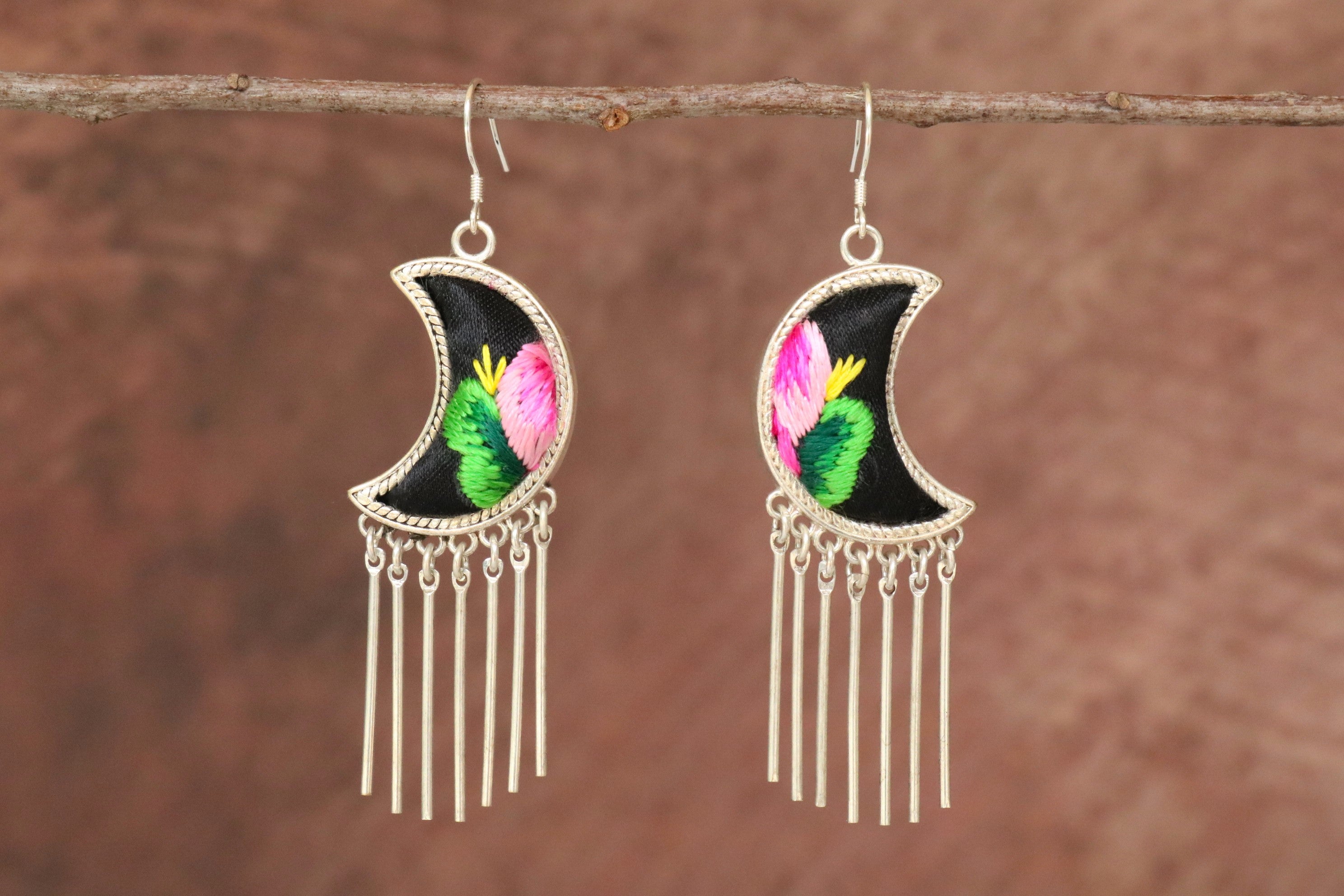 Moonlight Embroidered Tassel Earrings