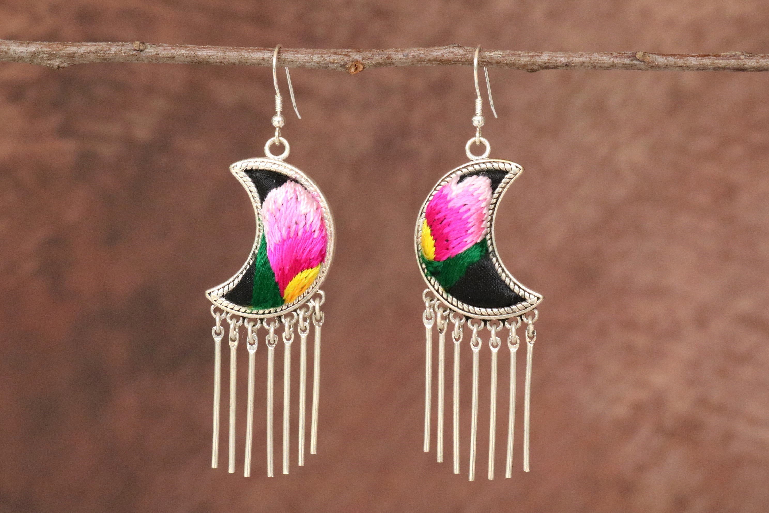 Moonlight Embroidered Tassel Earrings