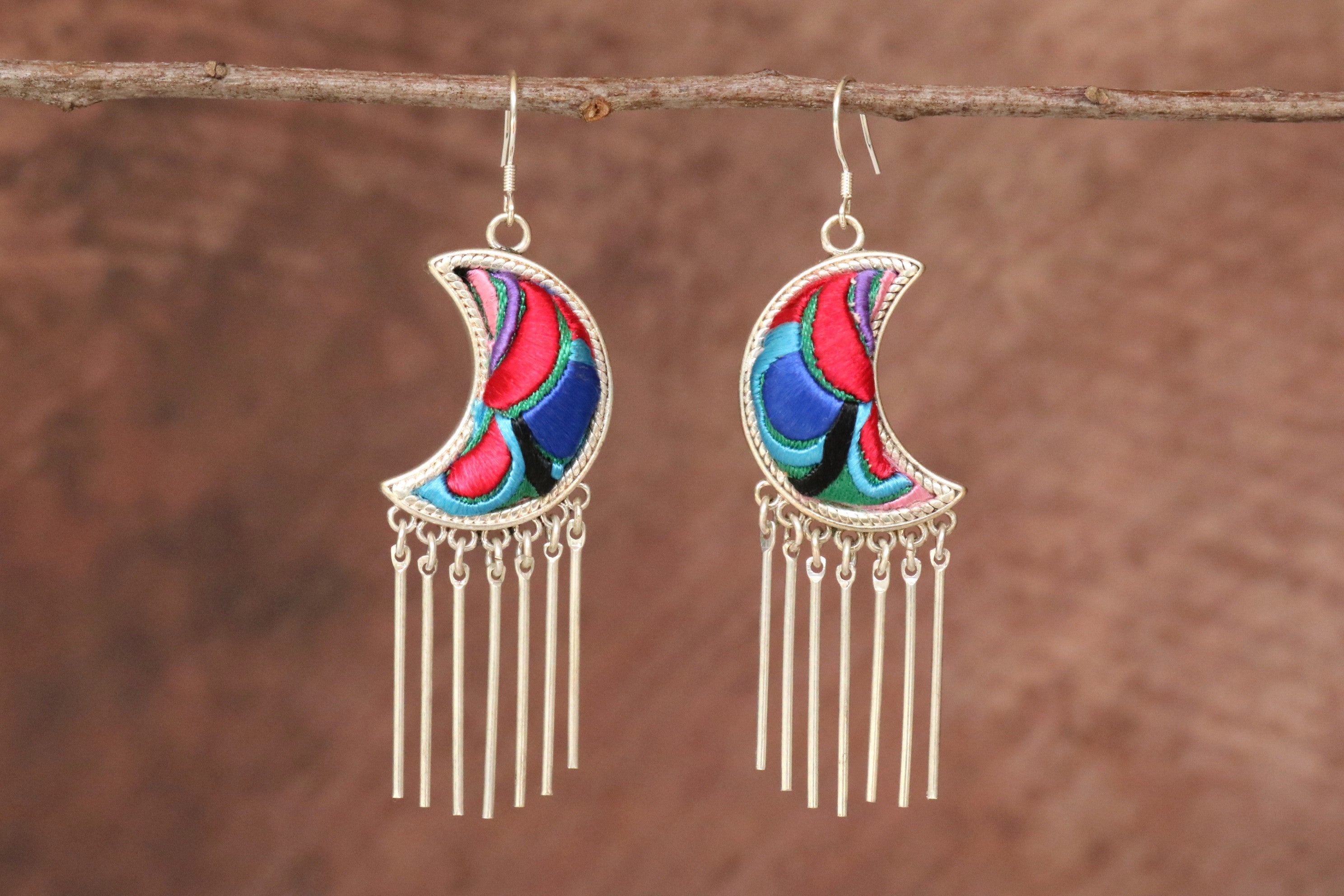 Moonlight Embroidered Tassel Earrings