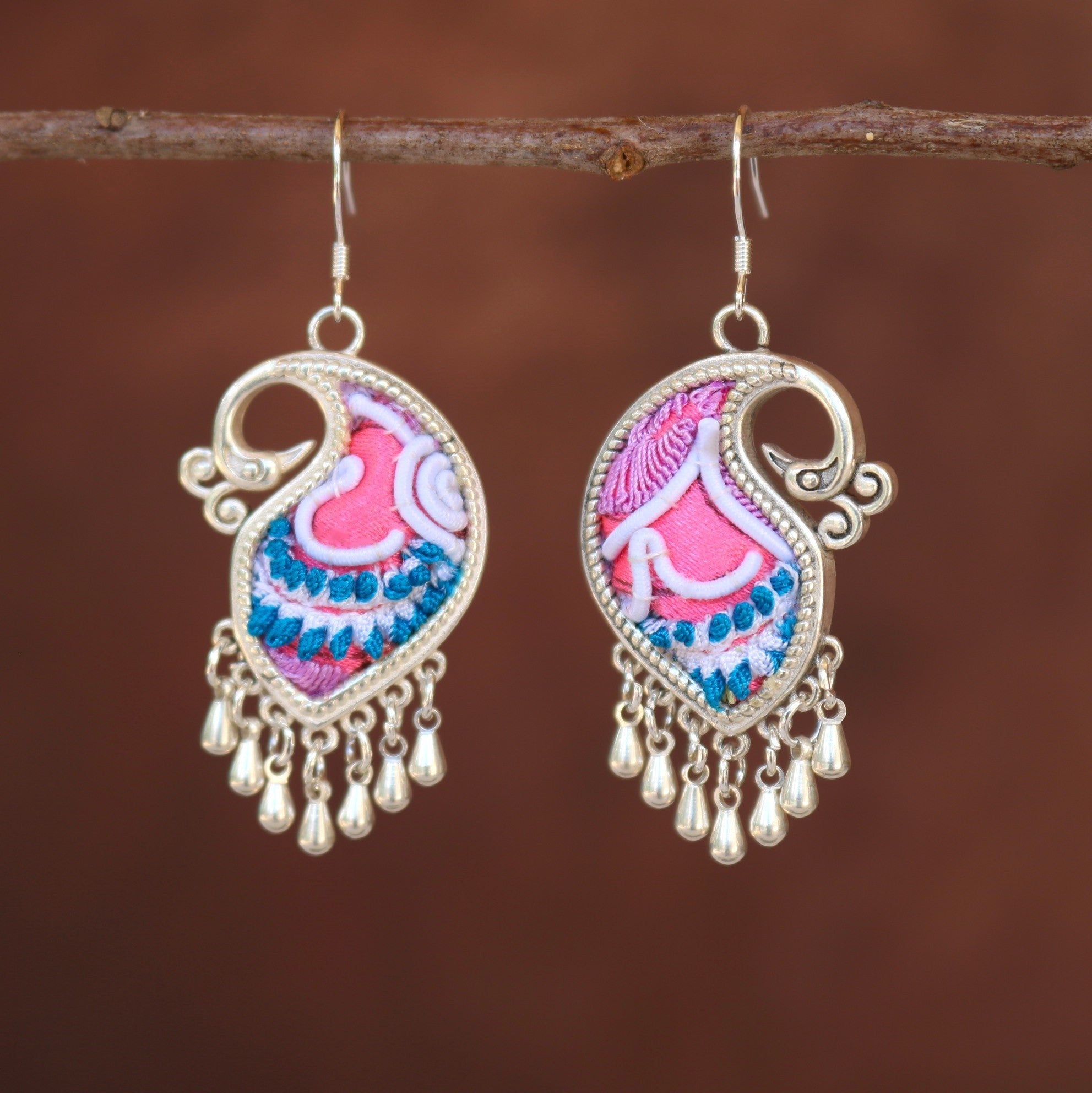 Peacock's Melodies Embroidered Teardrop Earrings