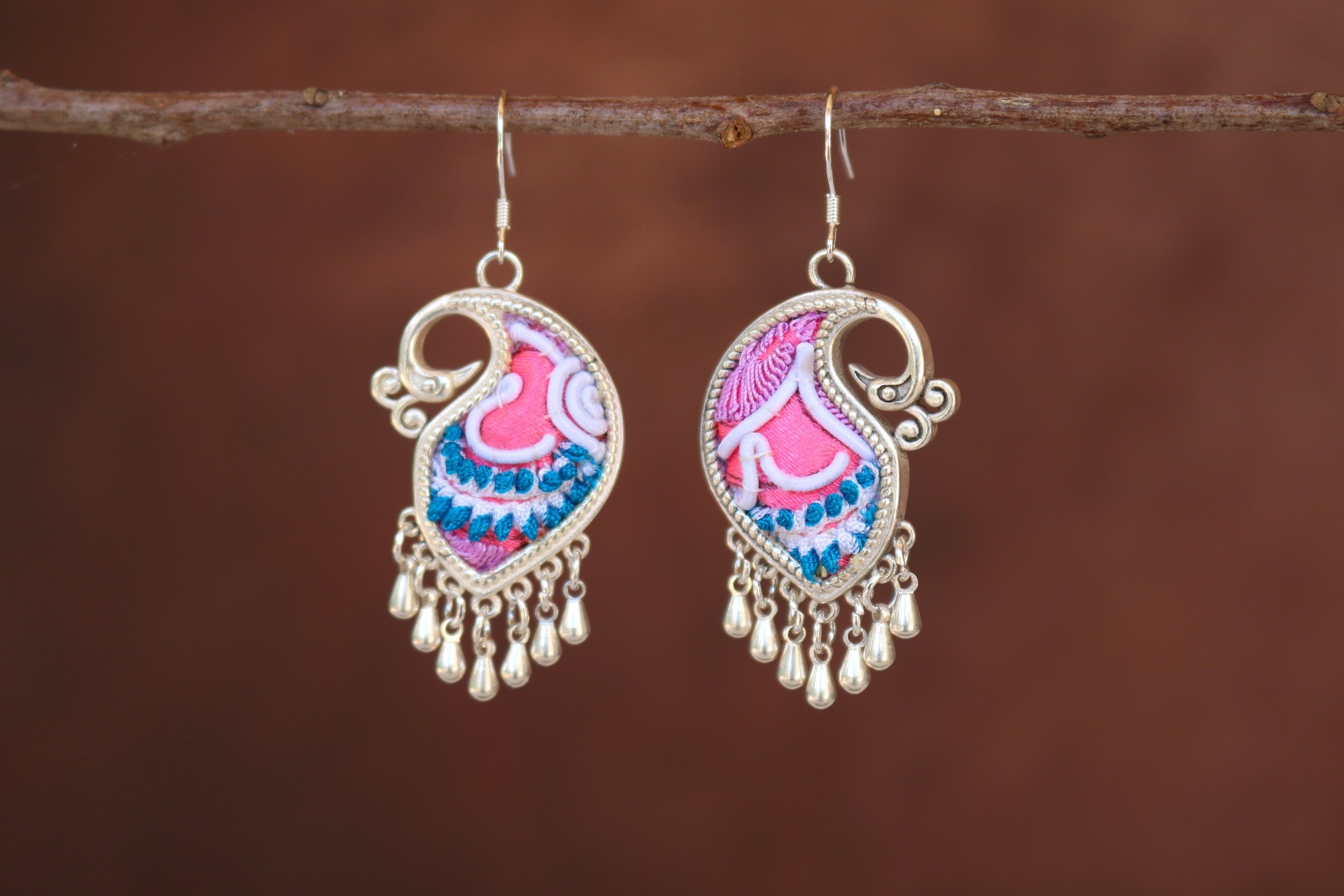 Peacock's Melodies Embroidered Teardrop Earrings