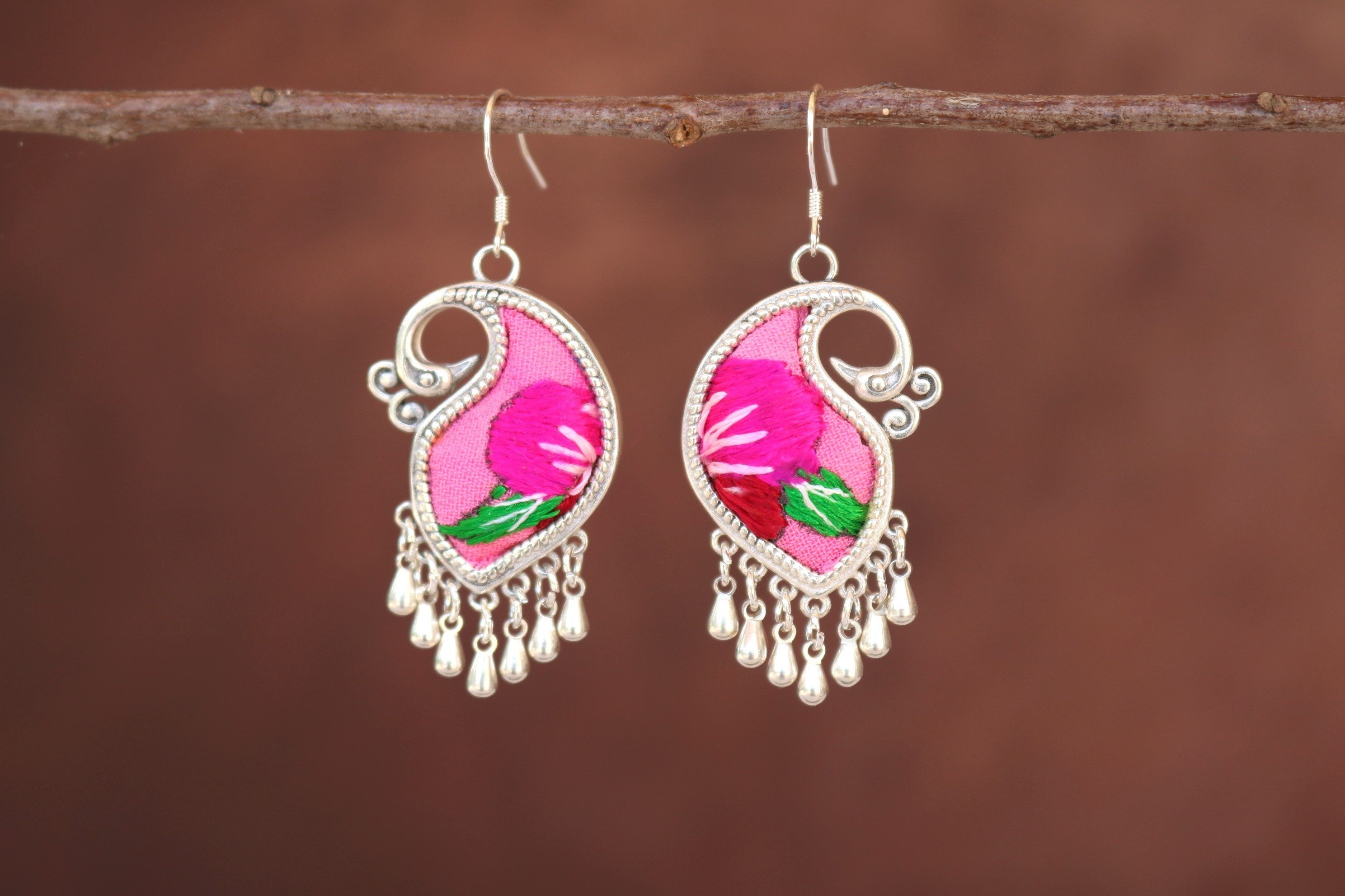 Peacock's Melodies Embroidered Teardrop Earrings