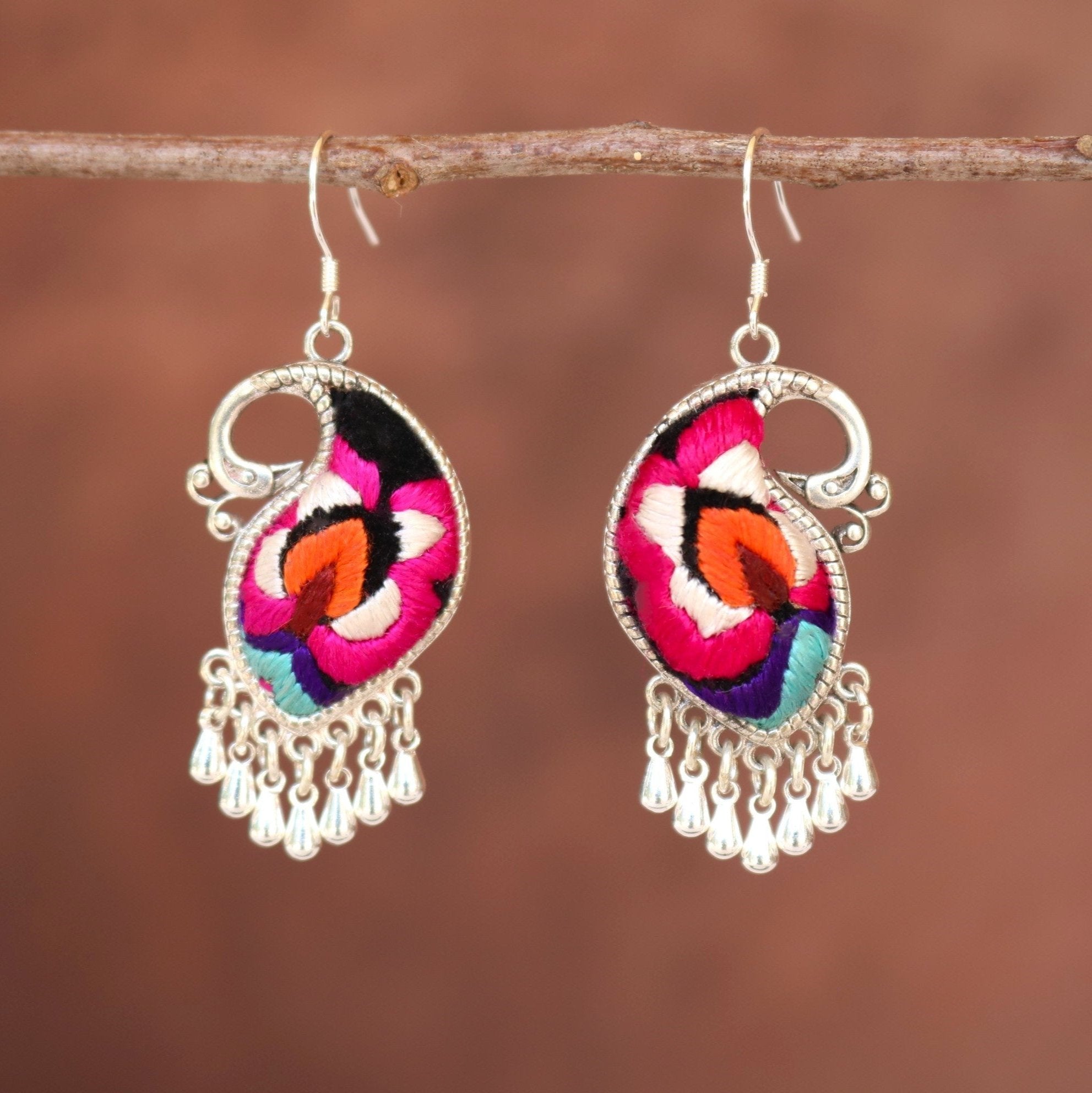 Peacock's Melodies Embroidered Teardrop Earrings