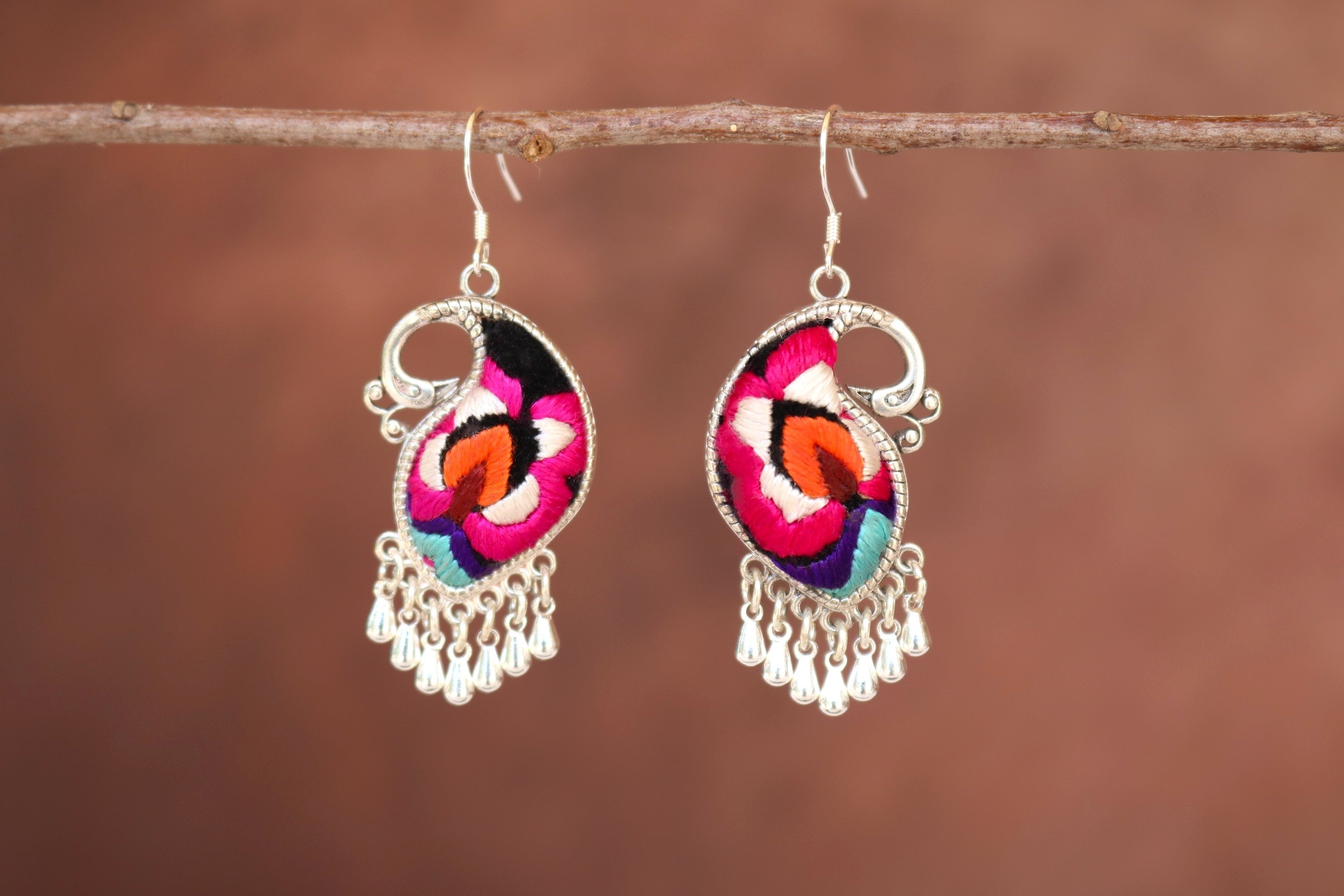 Peacock's Melodies Embroidered Teardrop Earrings