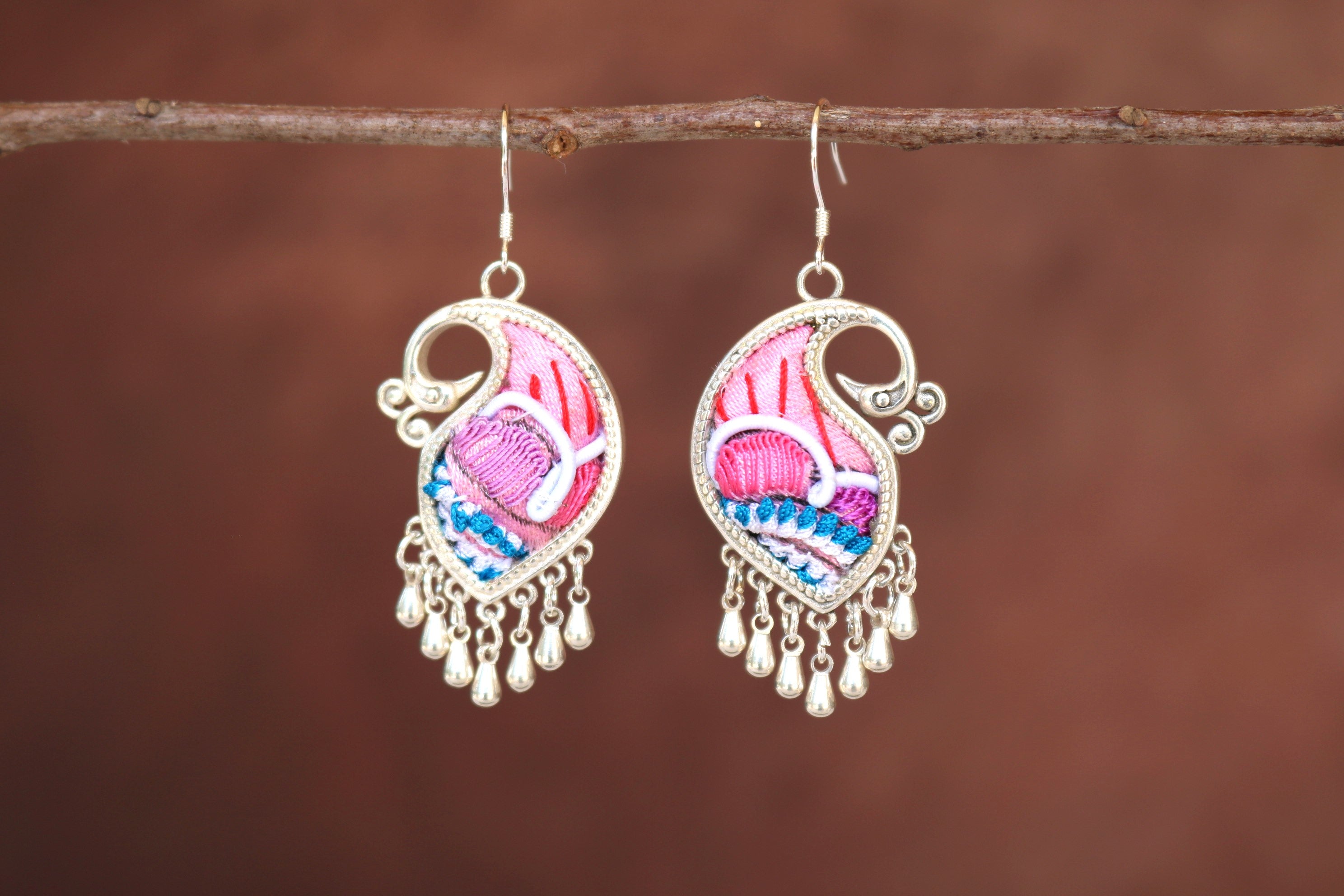 Peacock's Melodies Embroidered Teardrop Earrings