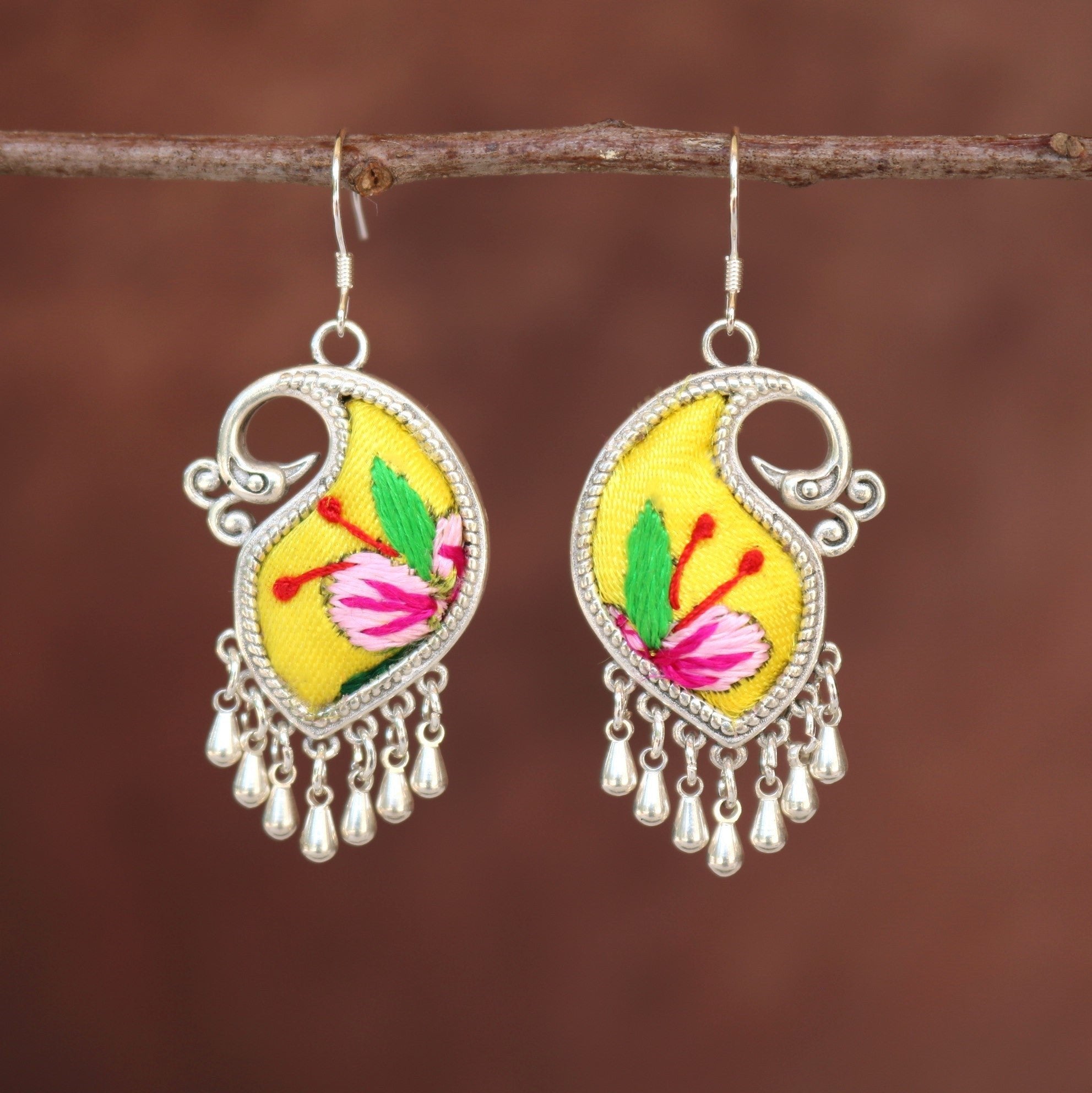 Peacock's Melodies Embroidered Teardrop Earrings