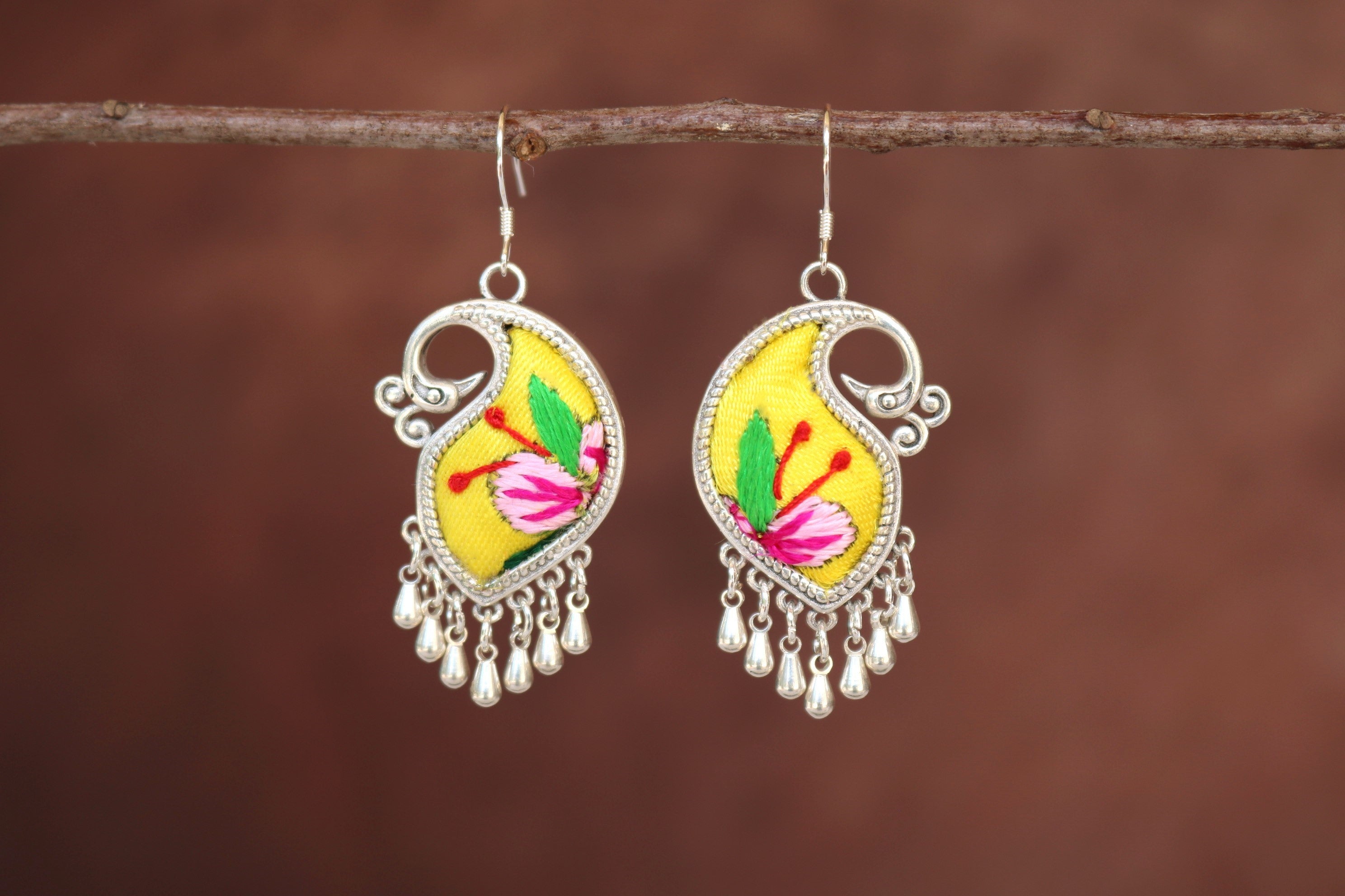 Peacock's Melodies Embroidered Teardrop Earrings