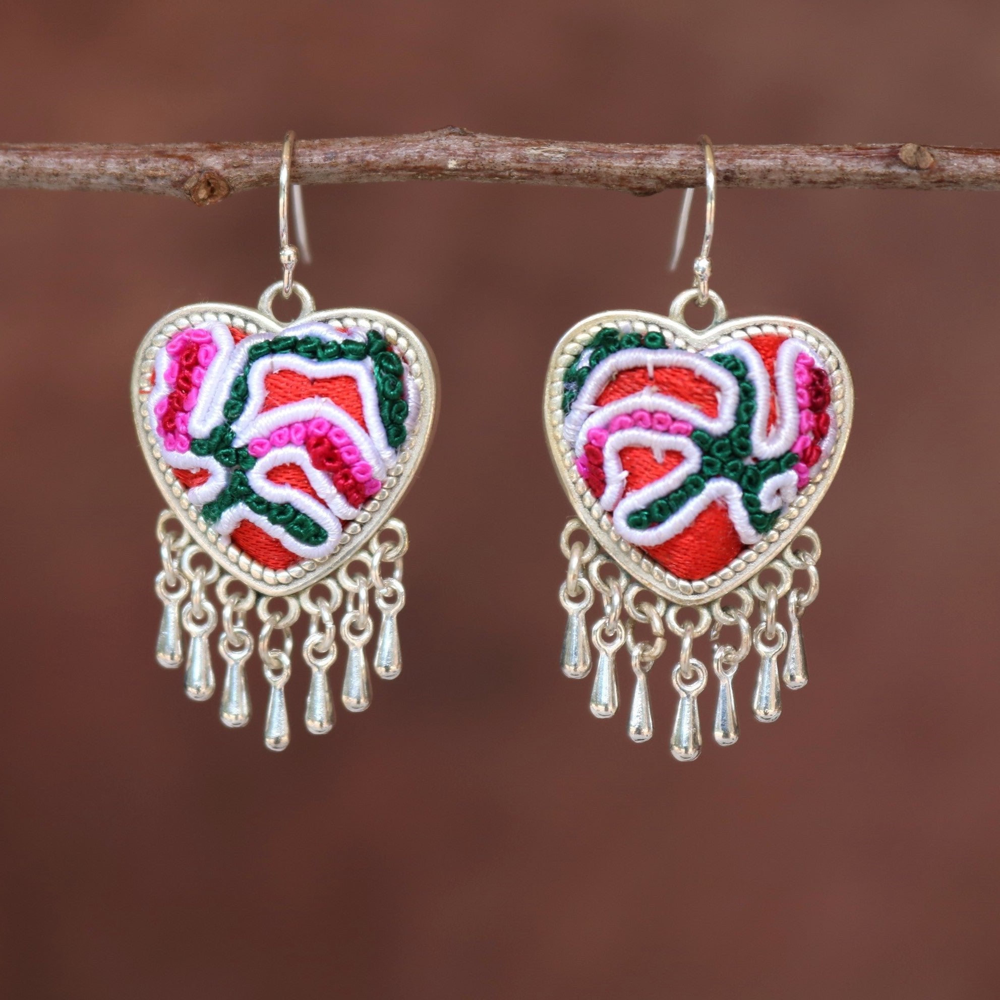 Heartbeats Hand Embroidered Teardrop Earrings