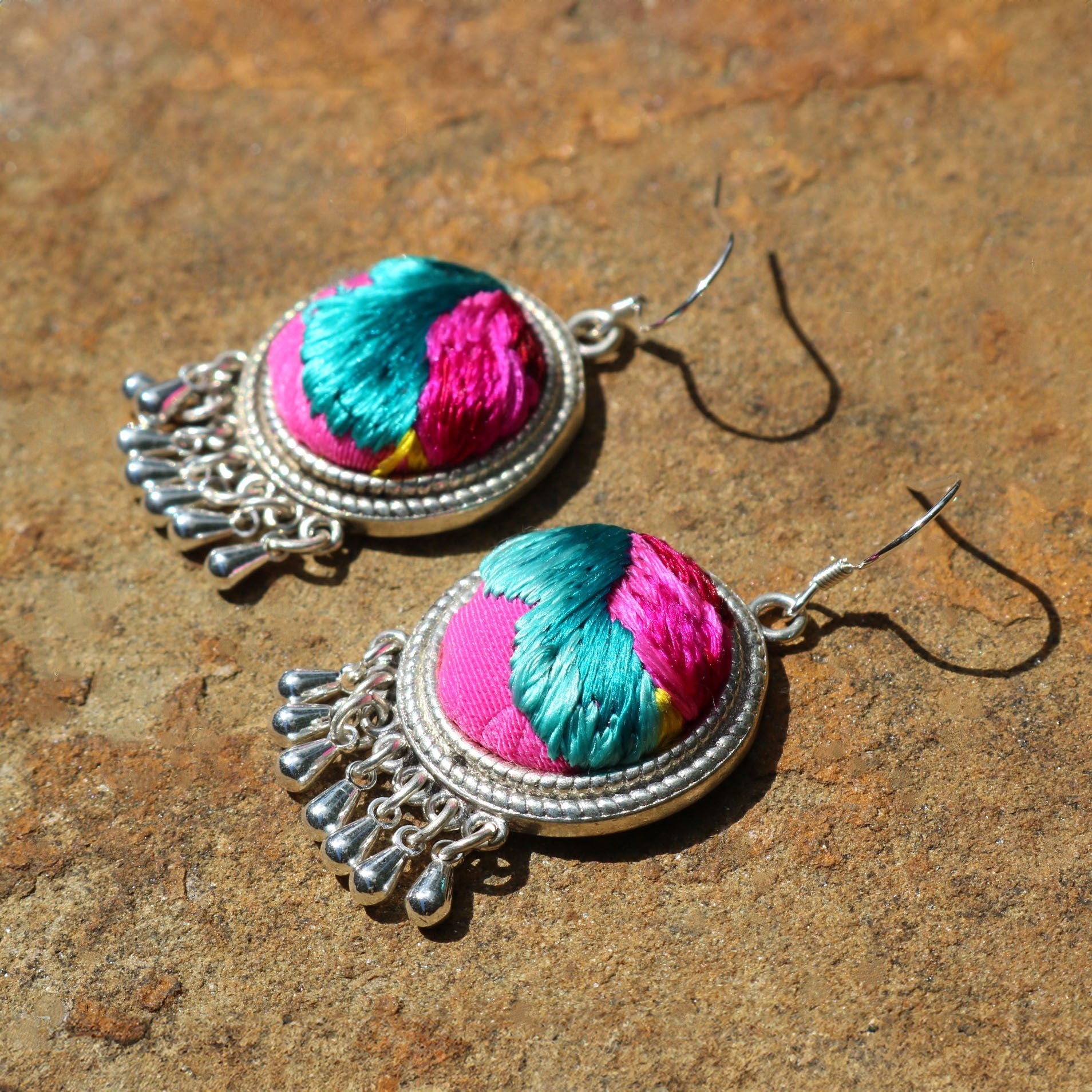 Circles of Joy Hand Embroidered Teardrop Earrings