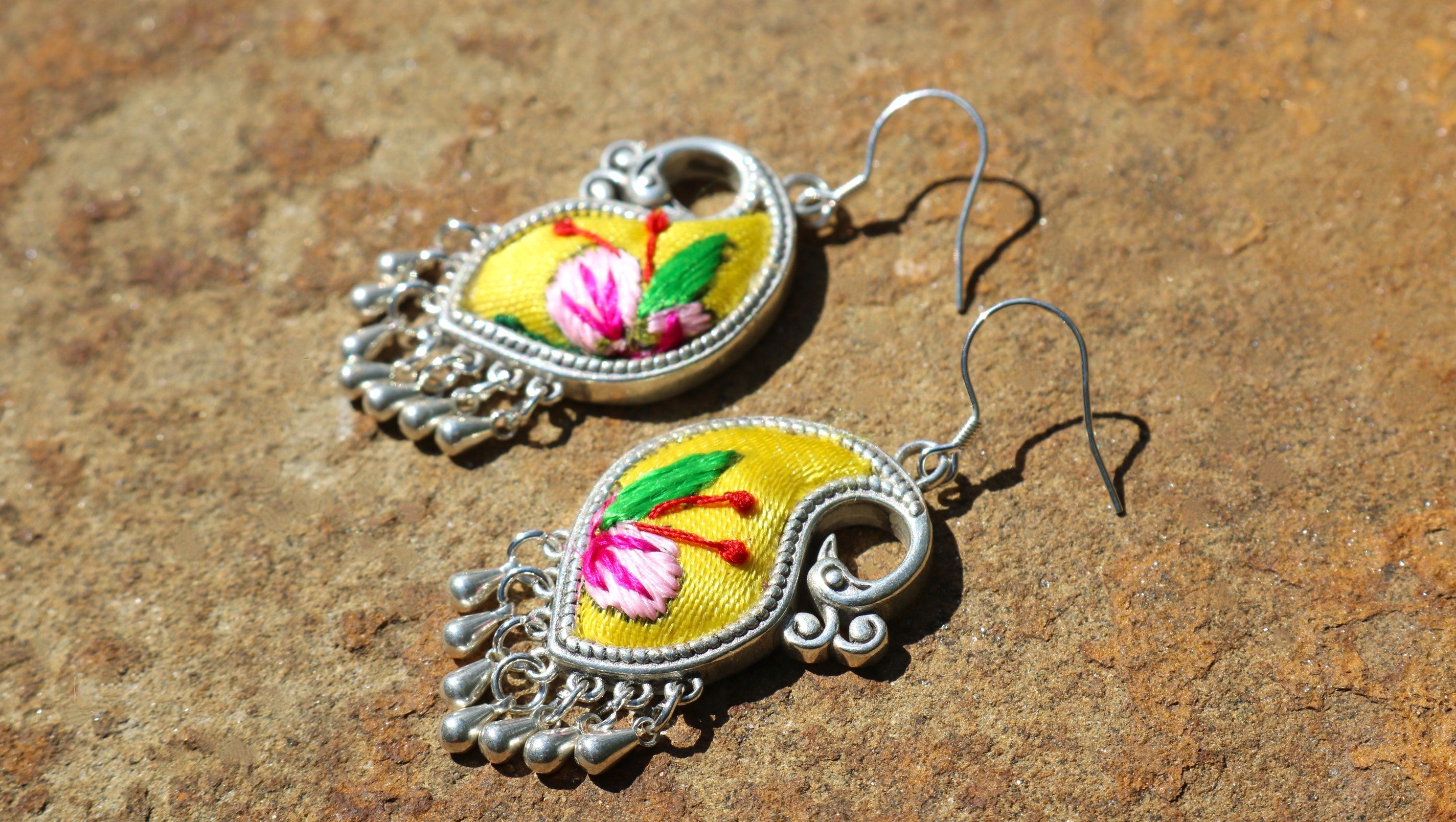 Peacock's Melodies Embroidered Teardrop Earrings