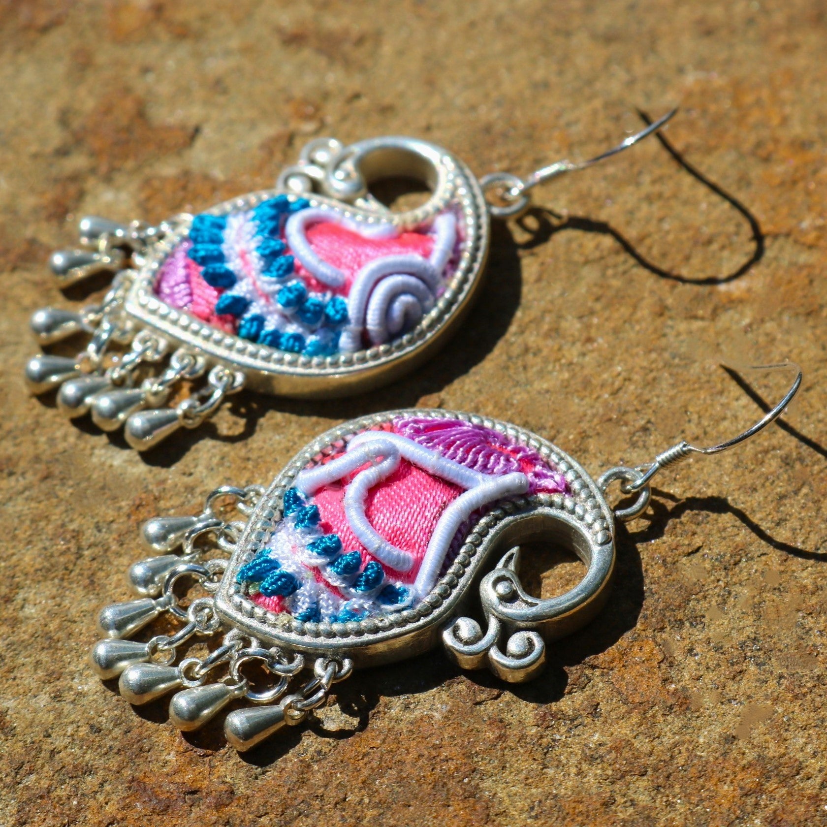 Peacock's Melodies Embroidered Teardrop Earrings