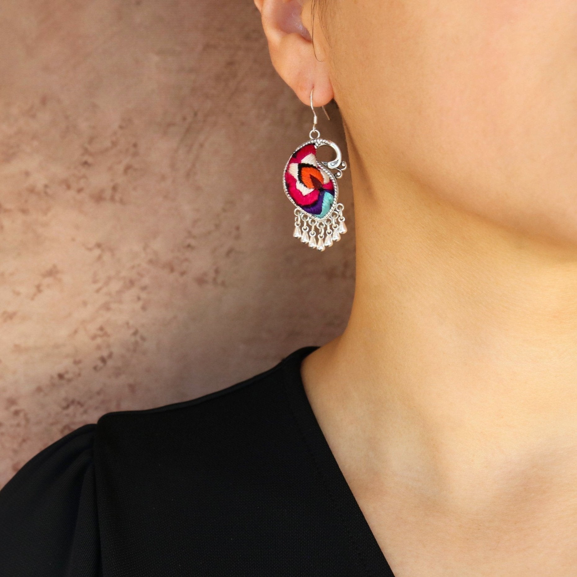 Peacock's Melodies Embroidered Teardrop Earrings