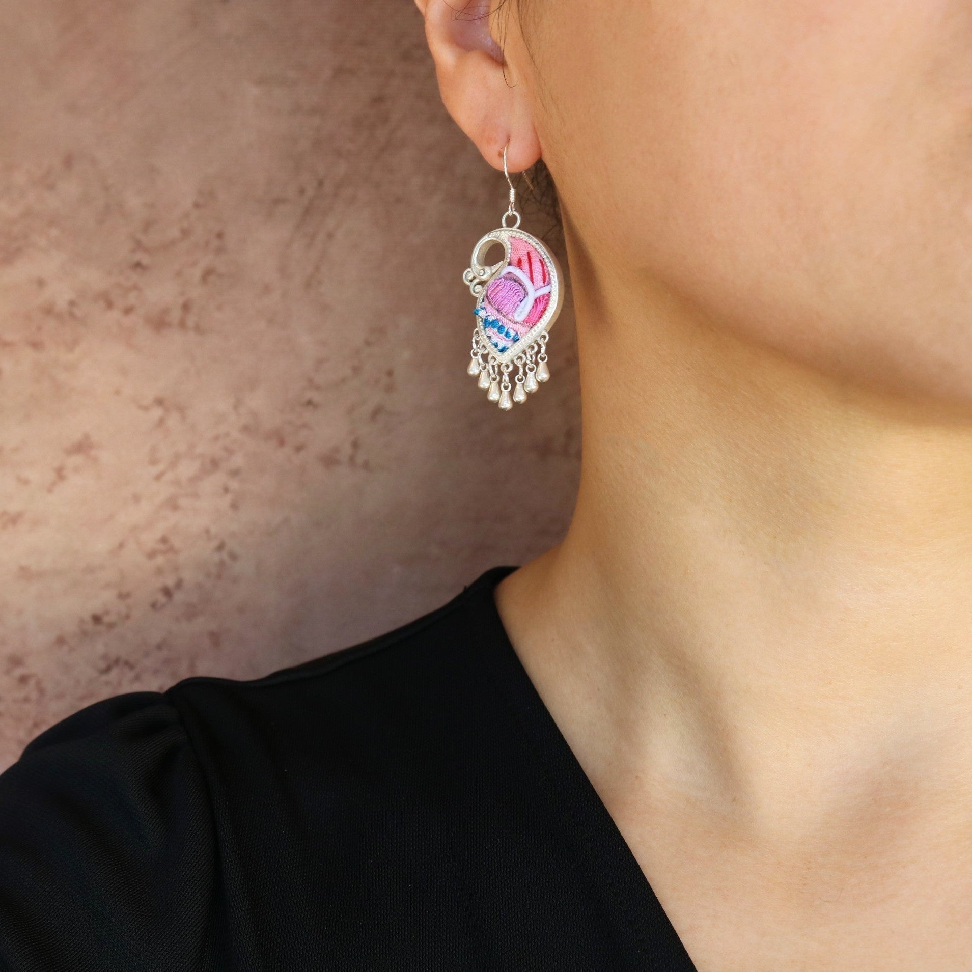 Peacock's Melodies Embroidered Teardrop Earrings