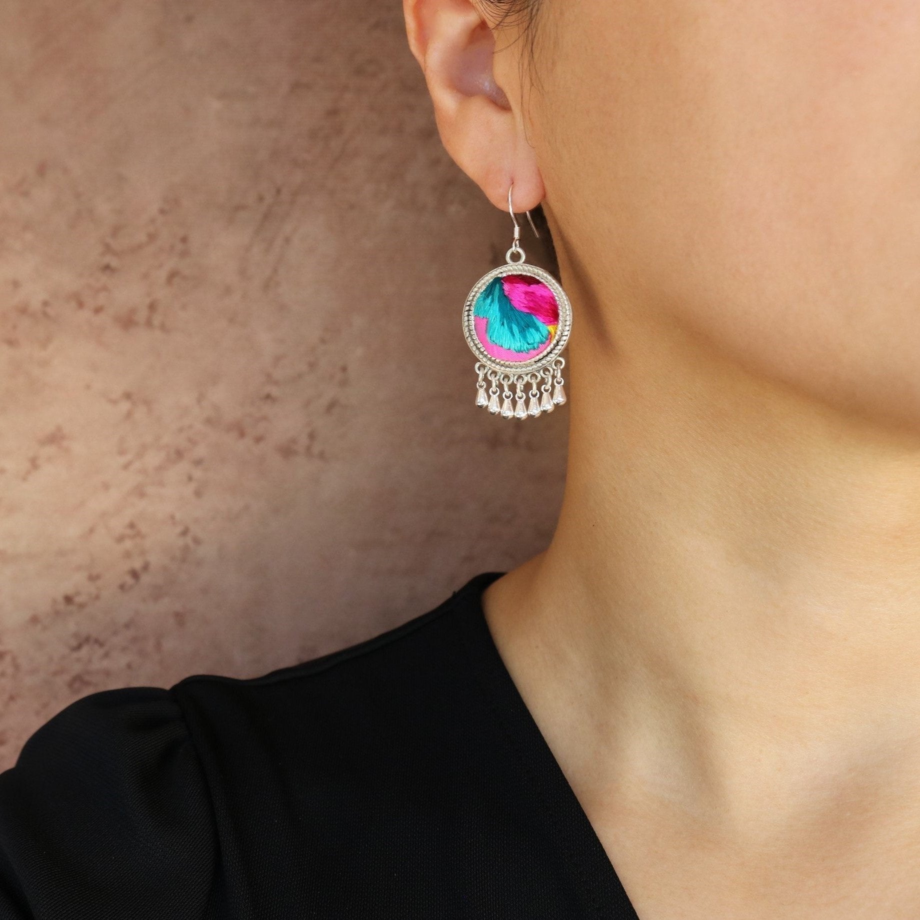 Circles of Joy Hand Embroidered Teardrop Earrings