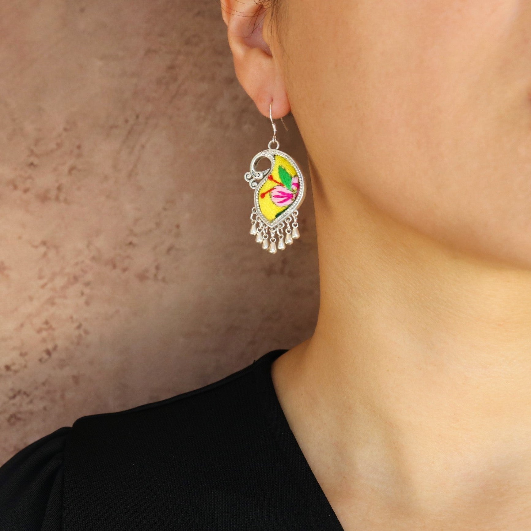 Peacock's Melodies Embroidered Teardrop Earrings