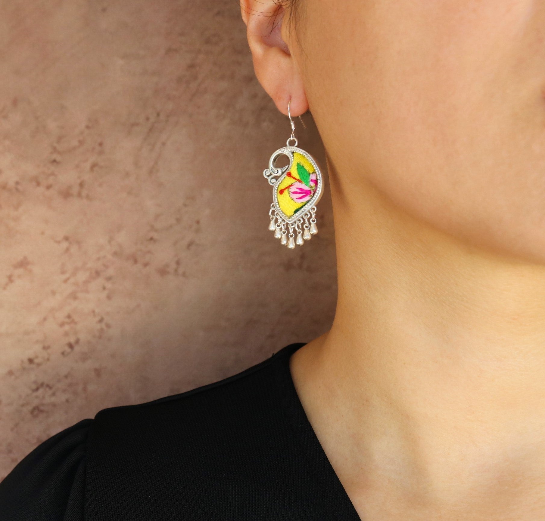 Peacock's Melodies Embroidered Teardrop Earrings